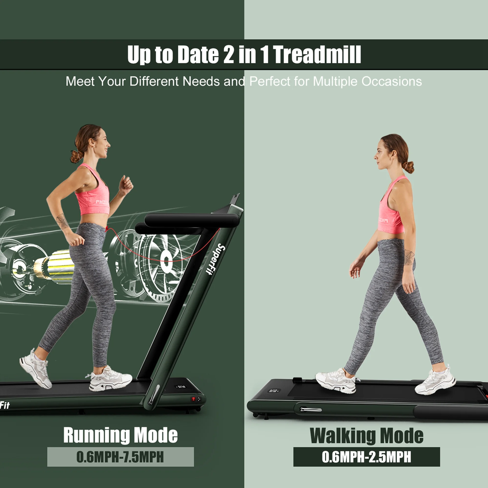 SuperFit Up To 7.5MPH 2.25HP 2 in 1 Single Display Screen Folding Treadmill Remote Control W/ APP Control Speaker Black - Womvr