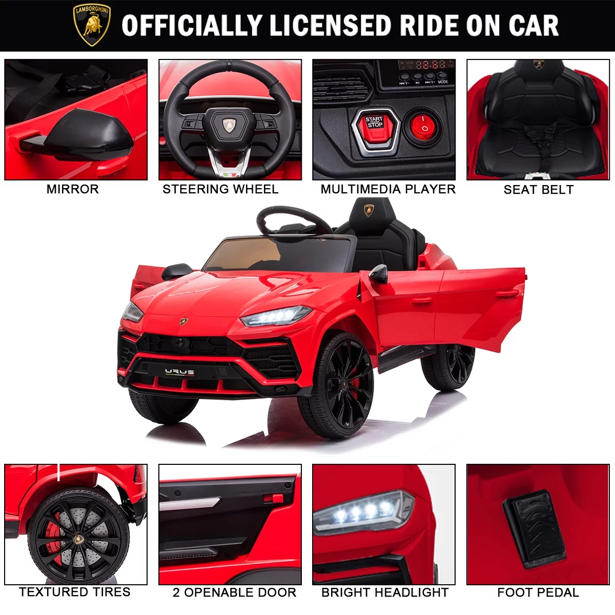 FUNTOK Lamborghini Urus 12V Electric Powered Ride on Car for Kids, with Remote Control, Foot Pedal, MP3 Player and LED Headlights - Womvr