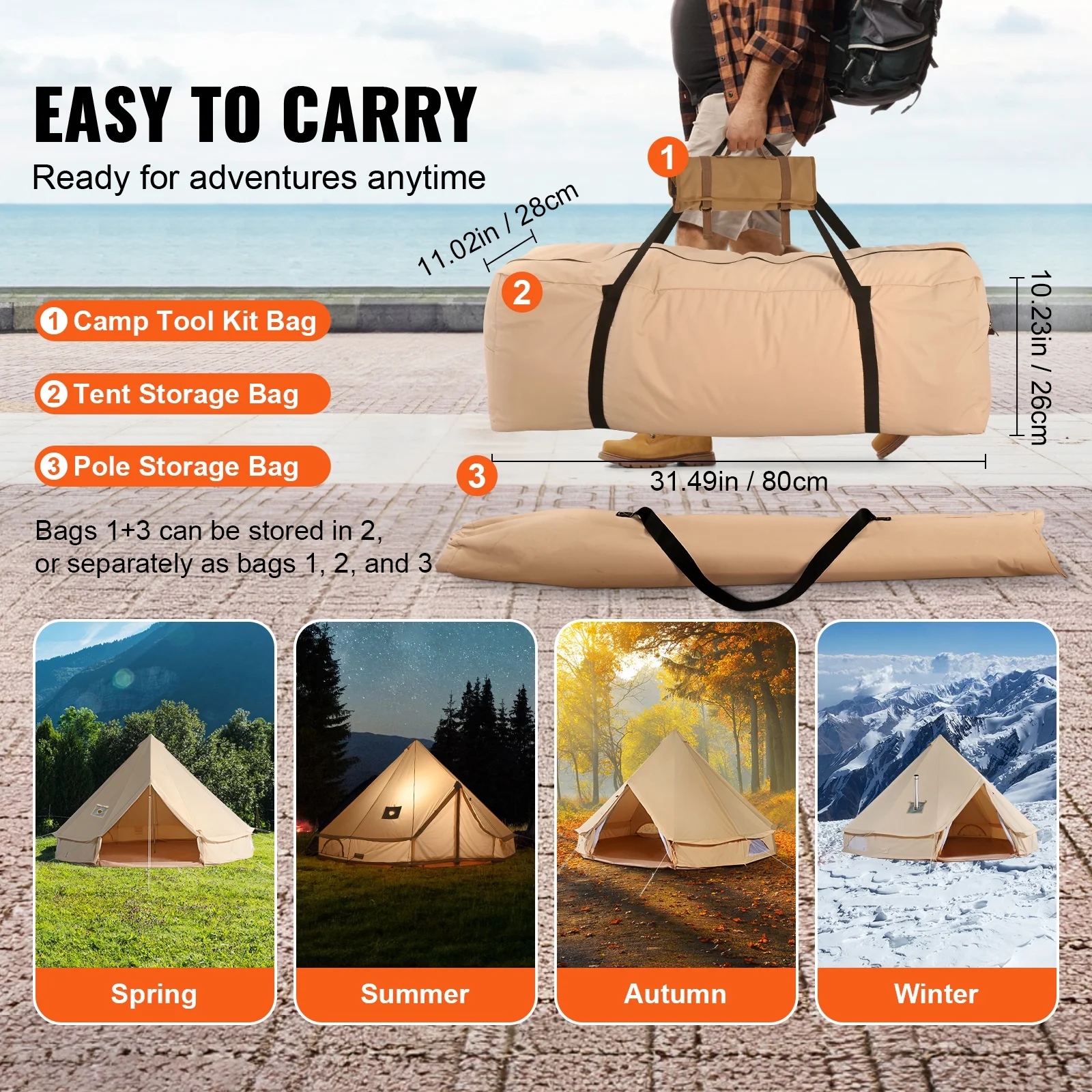 SKYSHALO Canvas Bell Tent 3m/9.8ft 4-Season Canvas Tent for Camping with Stove Jack - Womvr