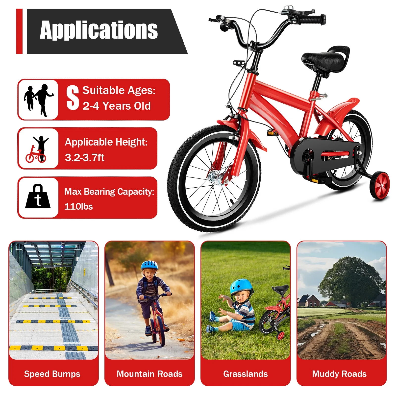 Aiqidi 14 Inch Kids Bike Boys Girls Safe Bicycle Adjustable Seat Height Children Bicycle with Training Wheels and Mudguards, Red - Womvr
