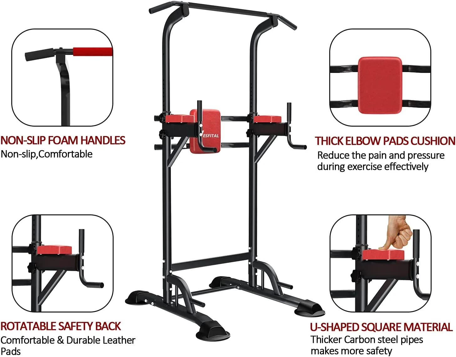 Wesfital Power Tower Dip Station, Pull Up Bar Stand Height Adjustable Strength Training Equipment for Fitness Home Workout, Red/Black - Womvr