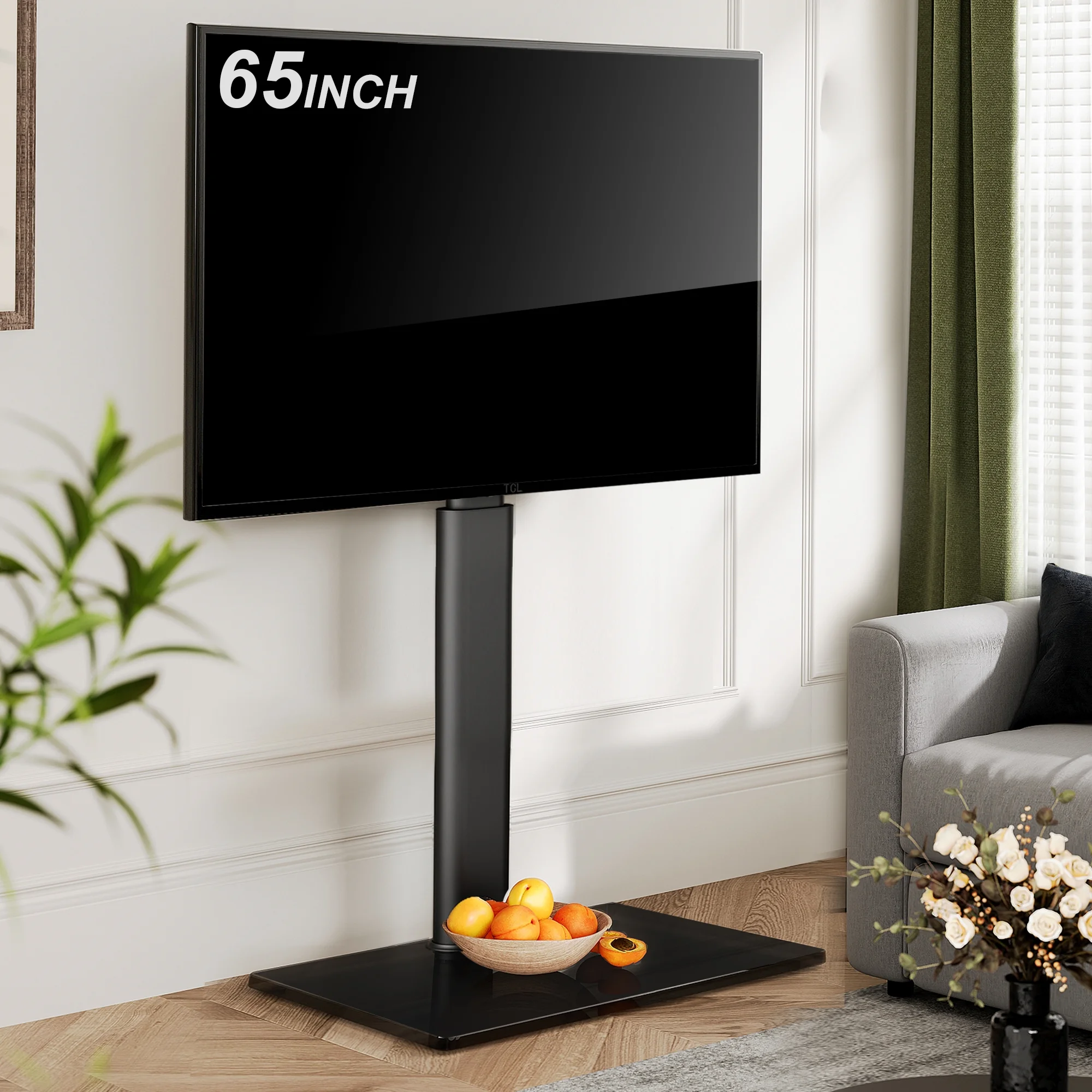FITUEYES Tempered Glass Base Floor TV Stand 32-65 Inch, Height adjustable,Swivel TV Stand with Mount,Black - Womvr