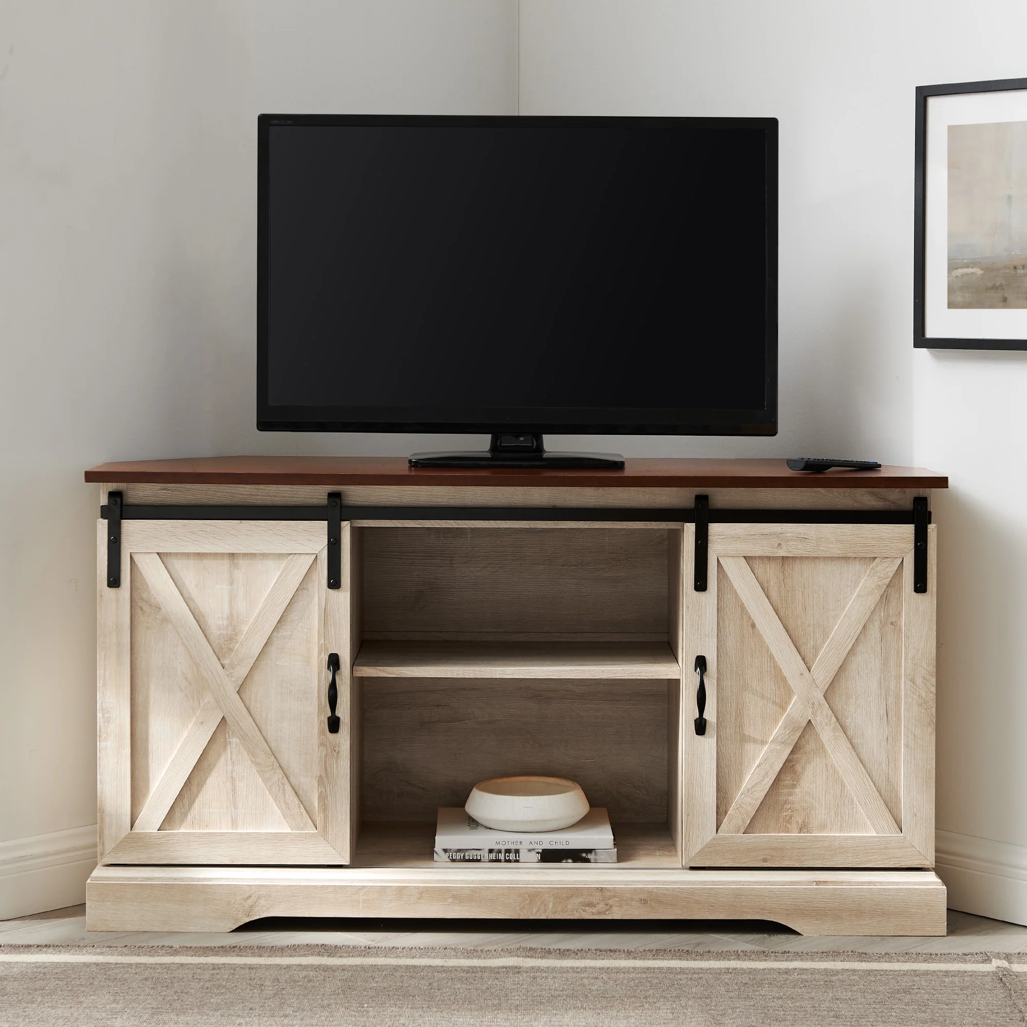 Walker Edison Modern Farmhouse Sliding Door Corner TV Stand, White Oak - Womvr