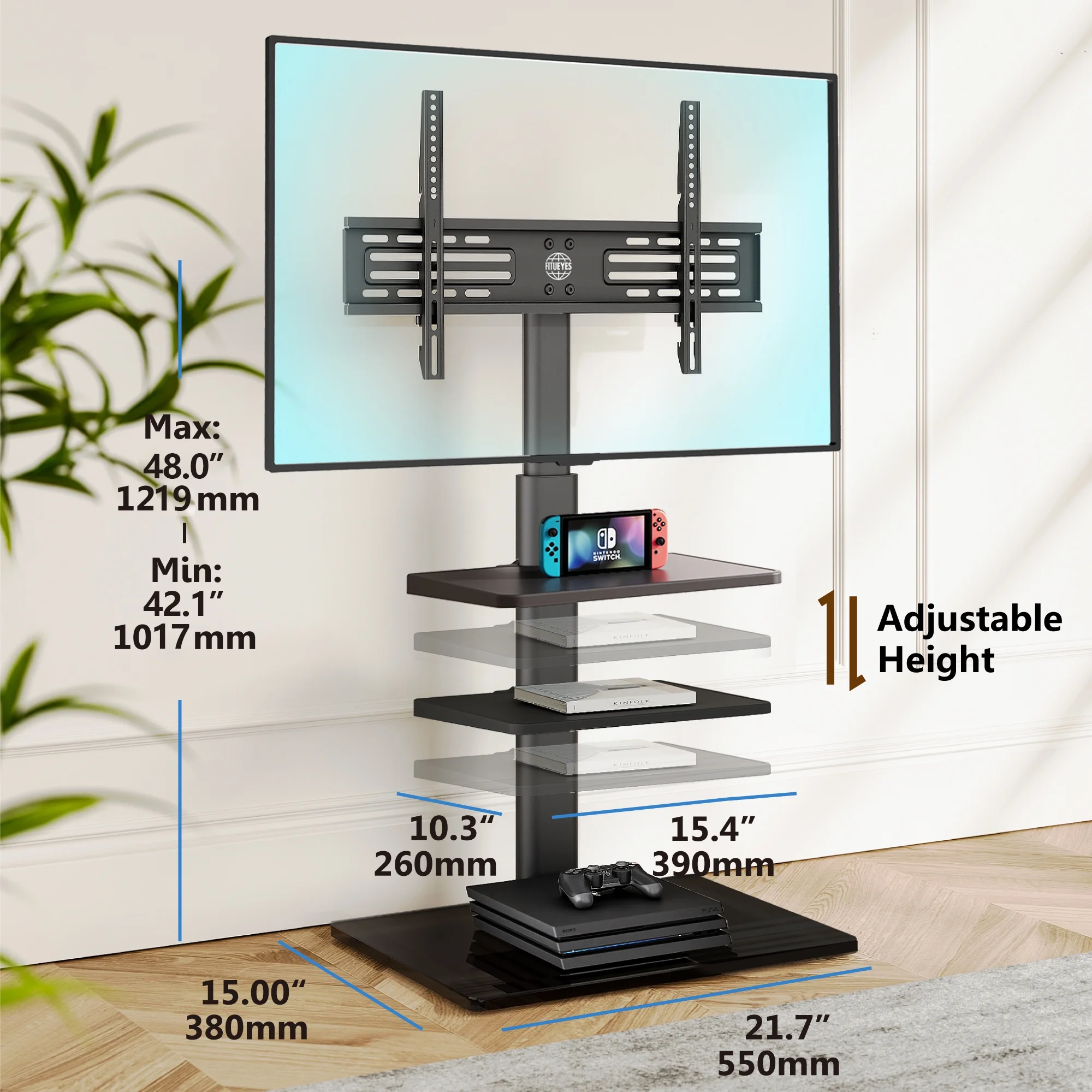 FITUEYES Tempered Glass Base Floor TV Stand 32-65 Inch, Height adjustable,Swivel TV Stand with Mount,Black - Womvr
