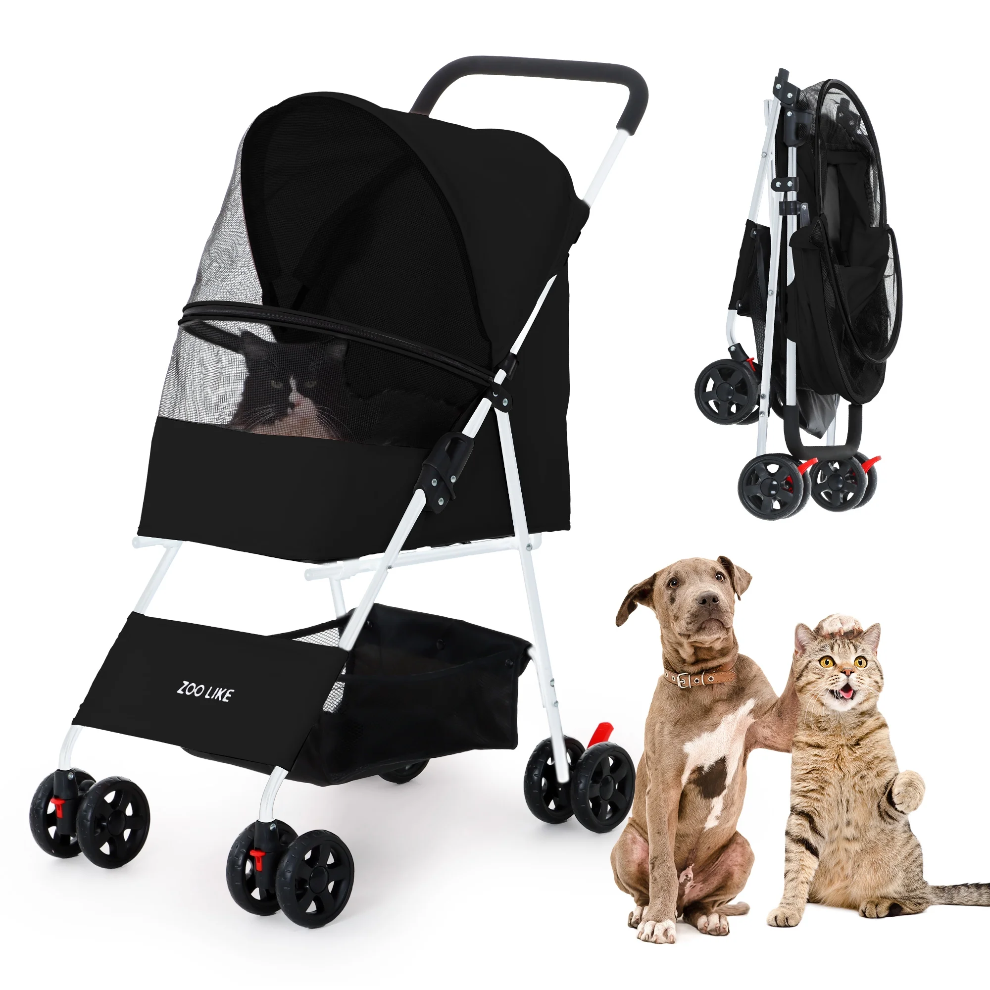 Zoolike Pet Stroller Cat Dog Cage Stroller Travel Folding Carrier .Foldable Carrier Strolling Cart for Small Medium Dog, Cat W/ Storage Basket ,Safety Tether ,Black - Womvr
