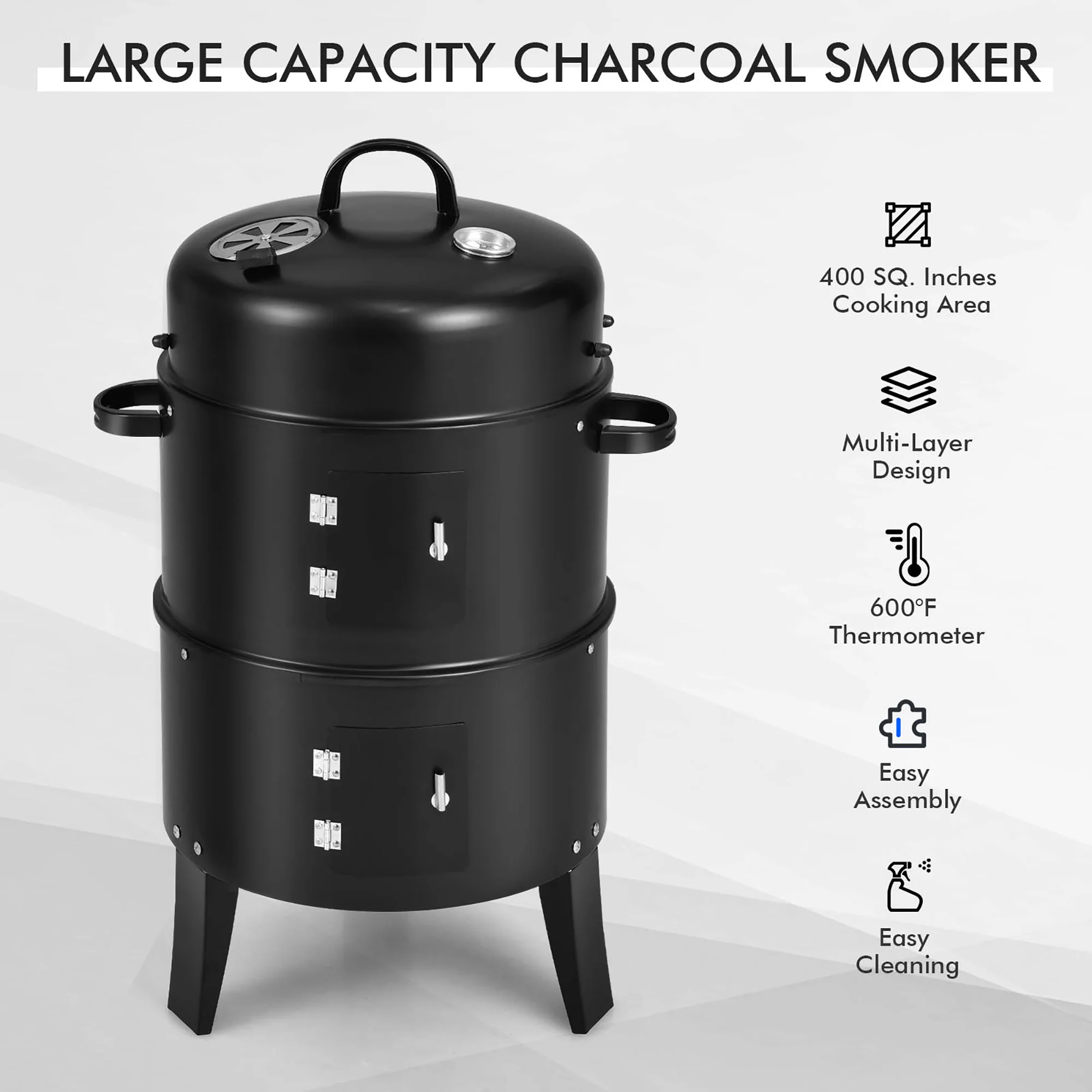 Costway3-in-1 Vertical Charcoal Smoker  Portable BBQ Smoker Grill with Detachable 2 Layer - Womvr