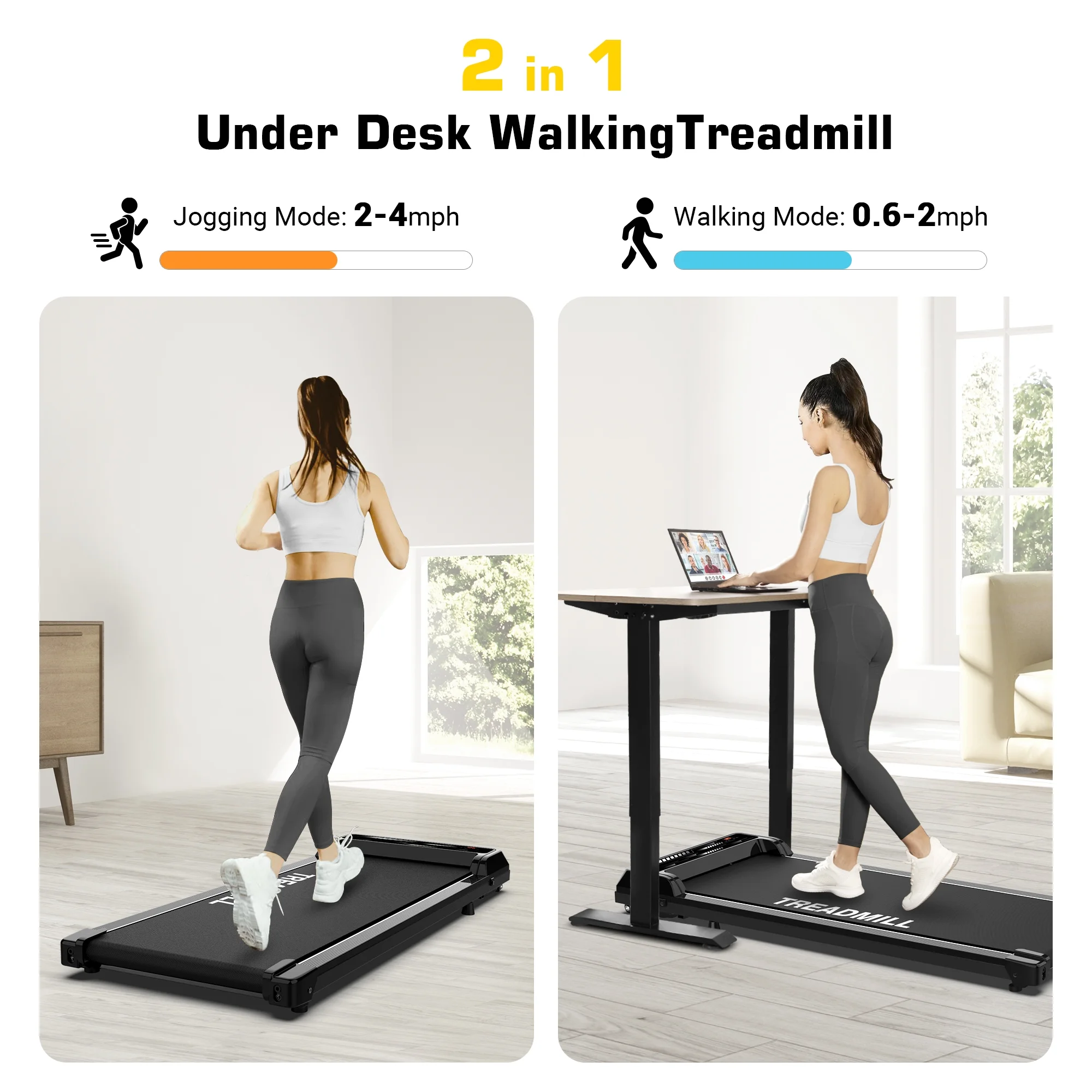 Under Desk Treadmill Walking Pad Portable 265lbs 2.25HP with Remote, Led Display for Home, Black - Womvr