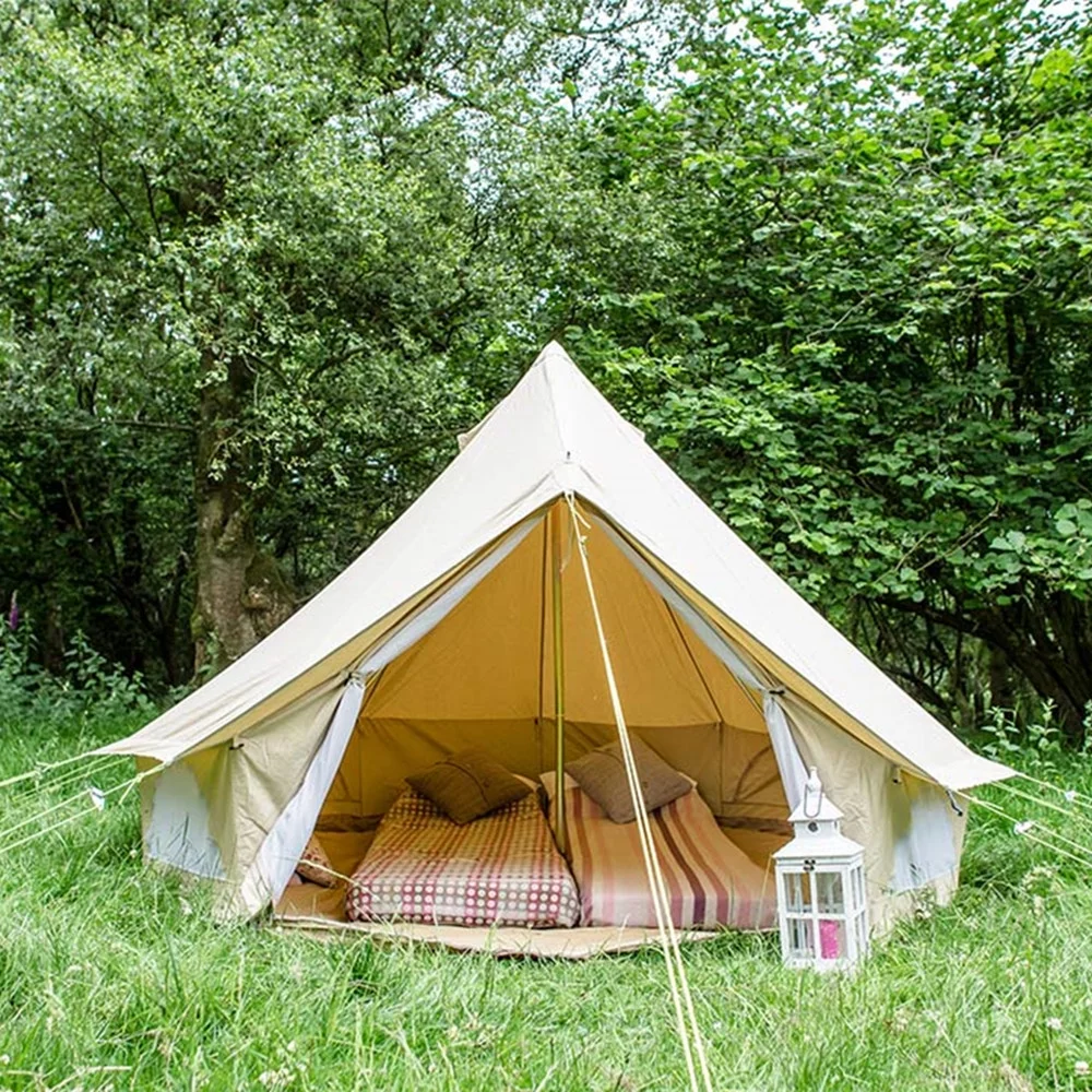 Latourreg Outdoor Glamping Waterproof Cotton Canvas 16.4ft(5M) Bell Tent with Side-Wall Stove Jack Glamping Yurt Tent with Mesh Screen Door and Windows - Womvr