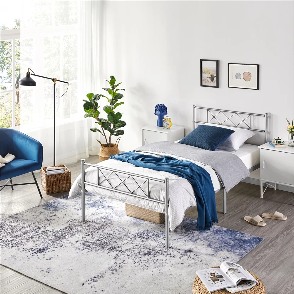 Topeakmart Twin Metal Bed Frame with Crisscross Headboard & Footboard, White - Womvr