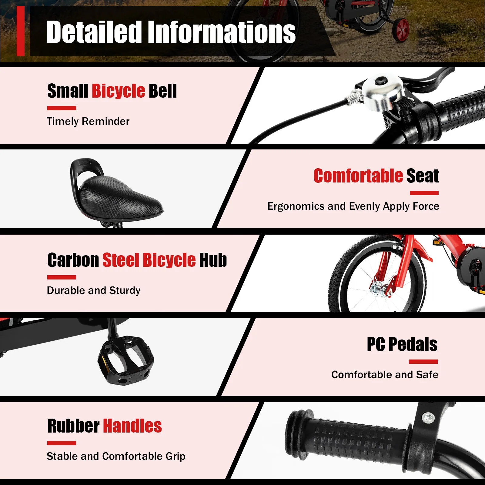 Aiqidi 14 Inch Kids Bike Boys Girls Safe Bicycle Adjustable Seat Height Children Bicycle with Training Wheels and Mudguards, Red - Womvr