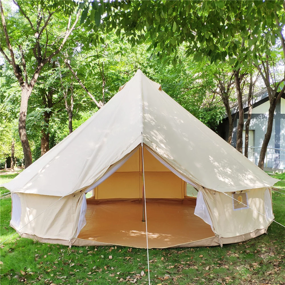Latourreg Outdoor Glamping Waterproof Cotton Canvas 16.4ft(5M) Bell Tent with Side-Wall Stove Jack Glamping Yurt Tent with Mesh Screen Door and Windows - Womvr