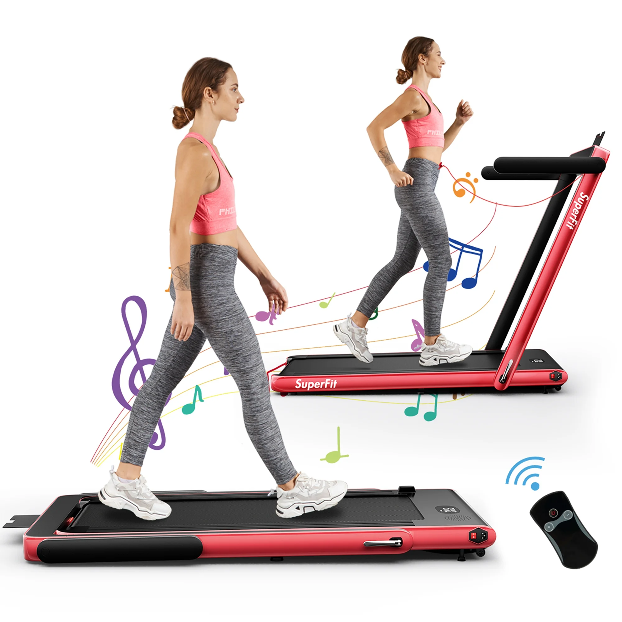 SuperFit Up To 7.5MPH 2.25HP 2 in 1 Single Display Screen Folding Treadmill Remote Control W/ APP Control Speaker Black - Womvr
