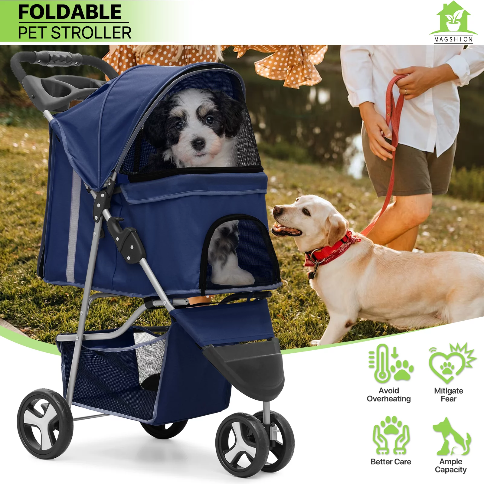 Magshion Foldable Pet Dog Stroller with Wheels, Cat Dog Stroller with Storage Basket and Cup Holder for Small and Medium Cats, Dogs, Puppy, Navy Blue - Womvr