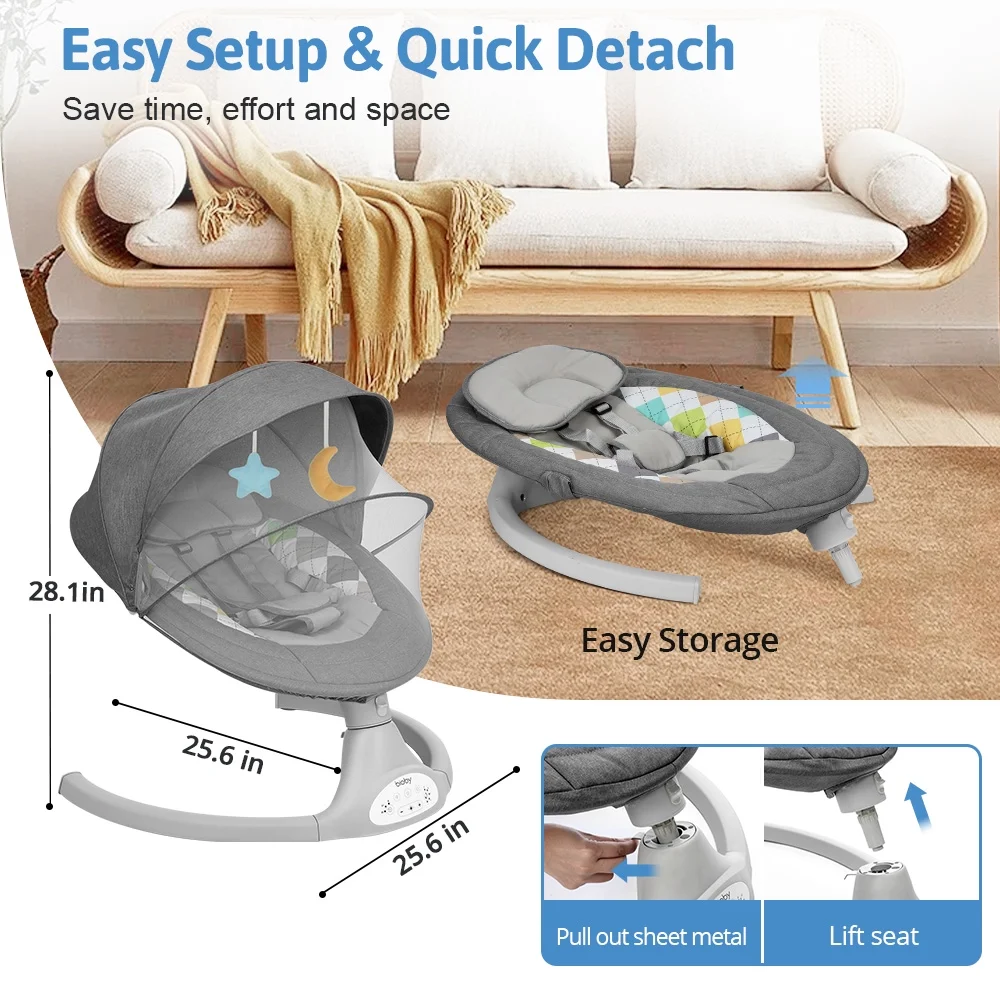 Electric Baby Swing, Bioby Infant Swing Chair Rocker with Remote Control, 5 Swing Speeds, Seat Belt, Bluetooth Music, Grey - Womvr