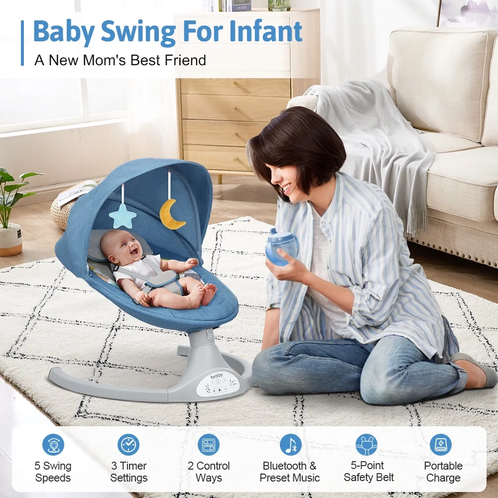 Electric Baby Swing, Bioby Infant Swing Chair Rocker with Remote Control, 5 Swing Speeds, Seat Belt, Bluetooth Music, Grey - Womvr