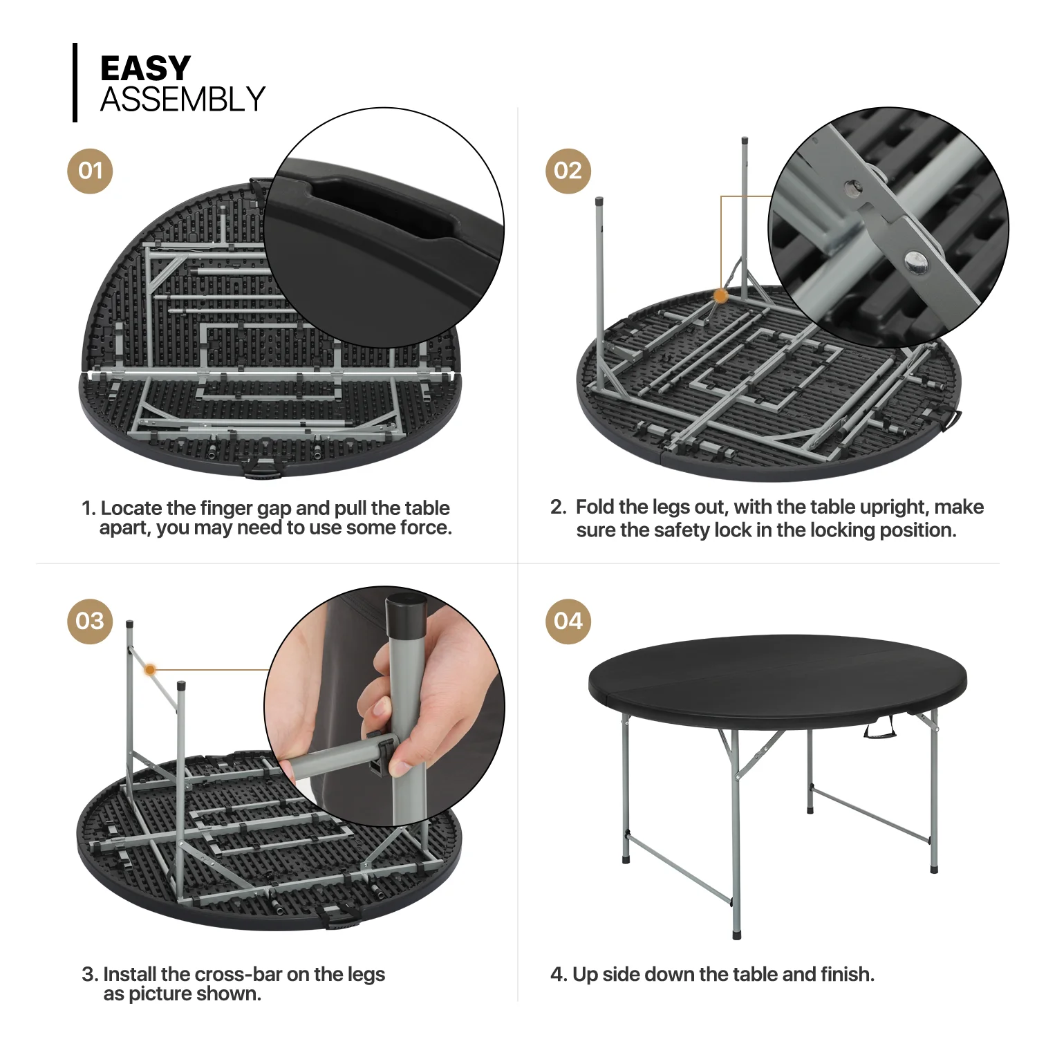 MoNiBloom 5 foot Round Bi-Fold Plastic Table, Metal Frame Indoor Outdoor 60 Inch Foldable Desk for Kitchen Party Wedding, Grey - Womvr