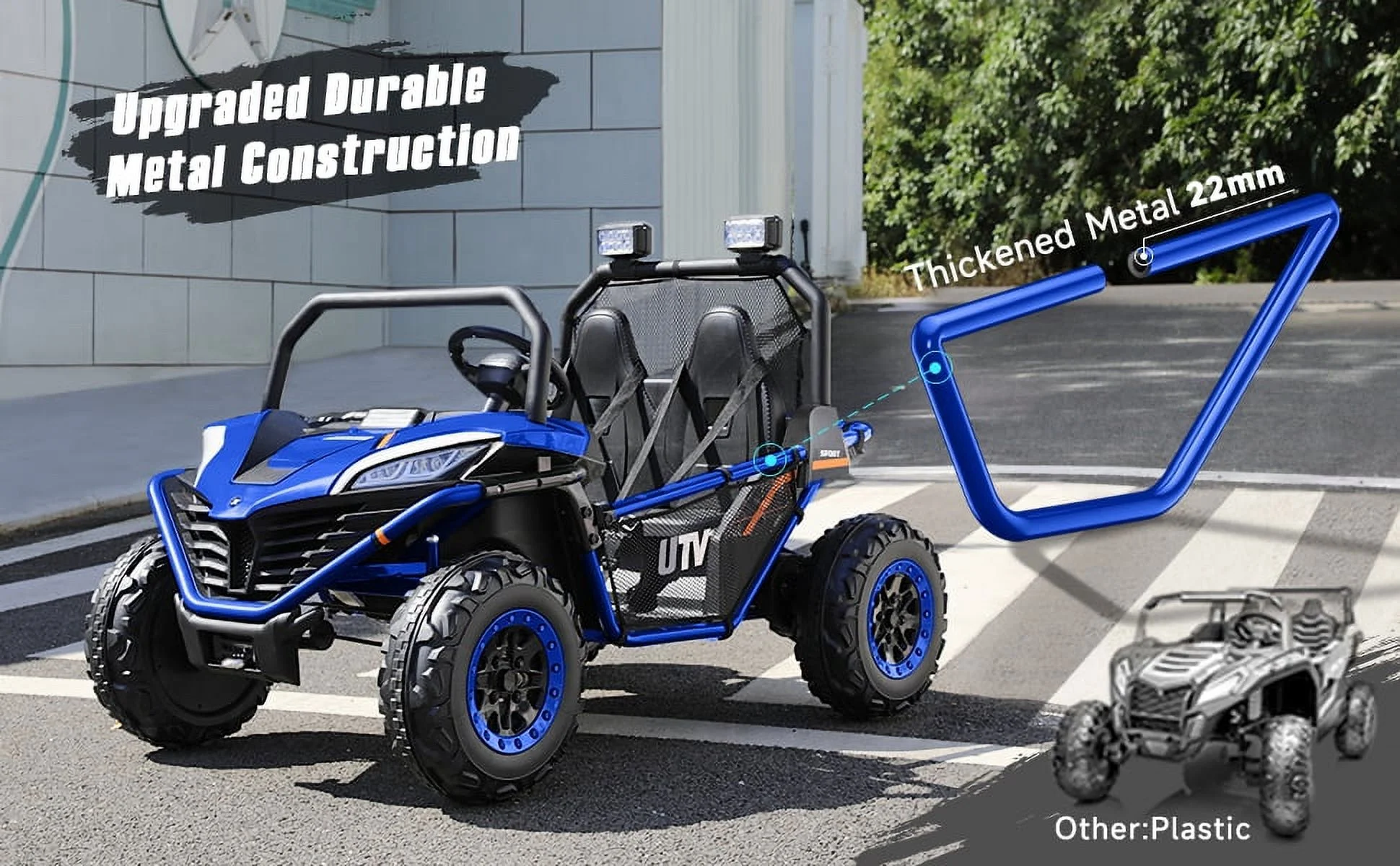 12 V Ride on Car,2 Seater Powered on Truck,4WD Electric Off-Road,Remote Control,Spring Suspension Ride on UTV for 3-8 Kids,Blue - Womvr