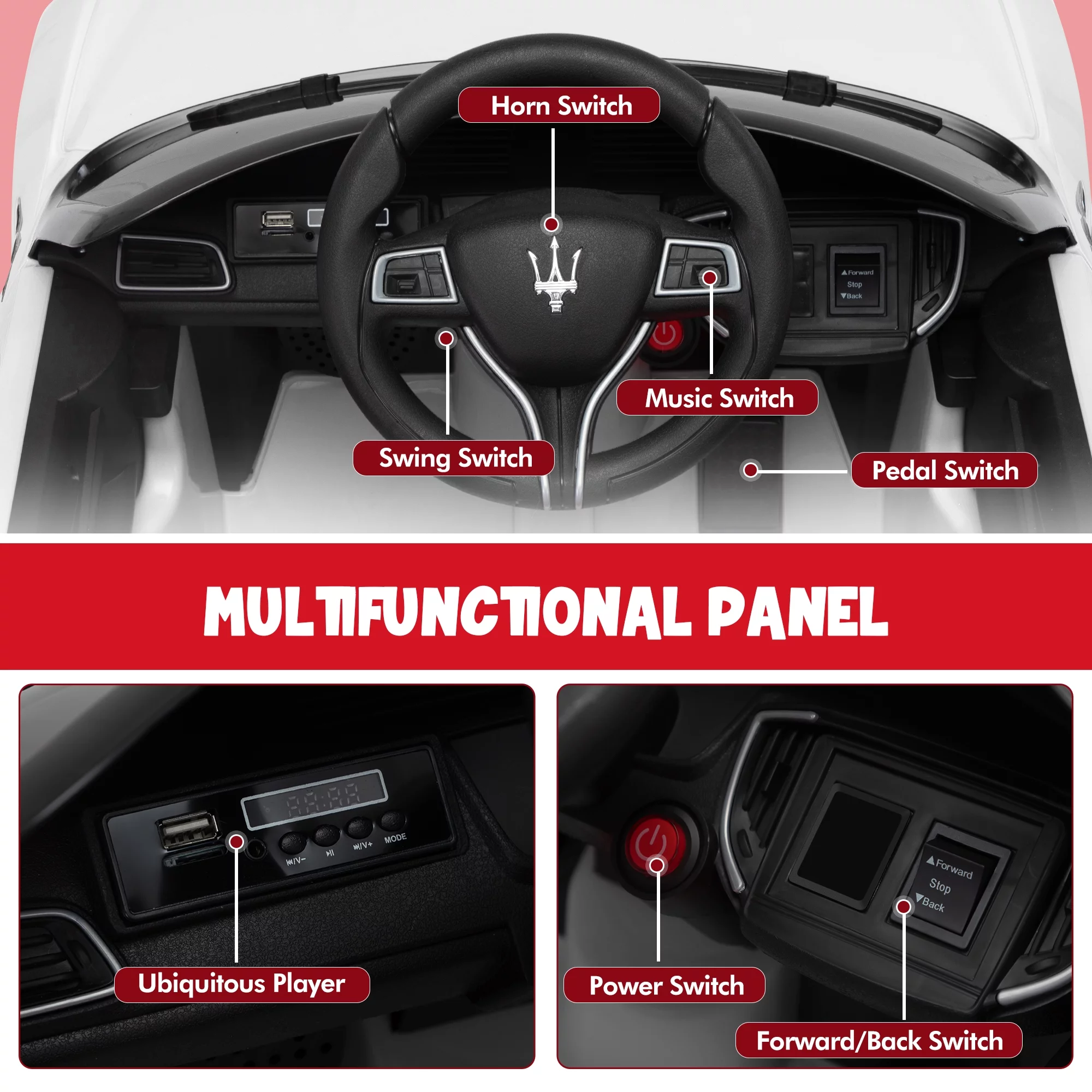 12V Maserati Licensed Kids Ride on Car Battery Powered Toy Car W/ Remote Control LED MP3 USB, Pink - Womvr