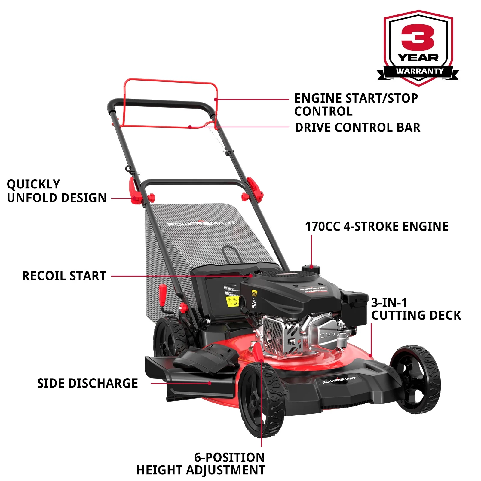 PowerSmart Gas Lawn Mower, 170cc Self-Propelled, 21 inches Cutting Blade, Quick Fold & Unfold Design - Womvr