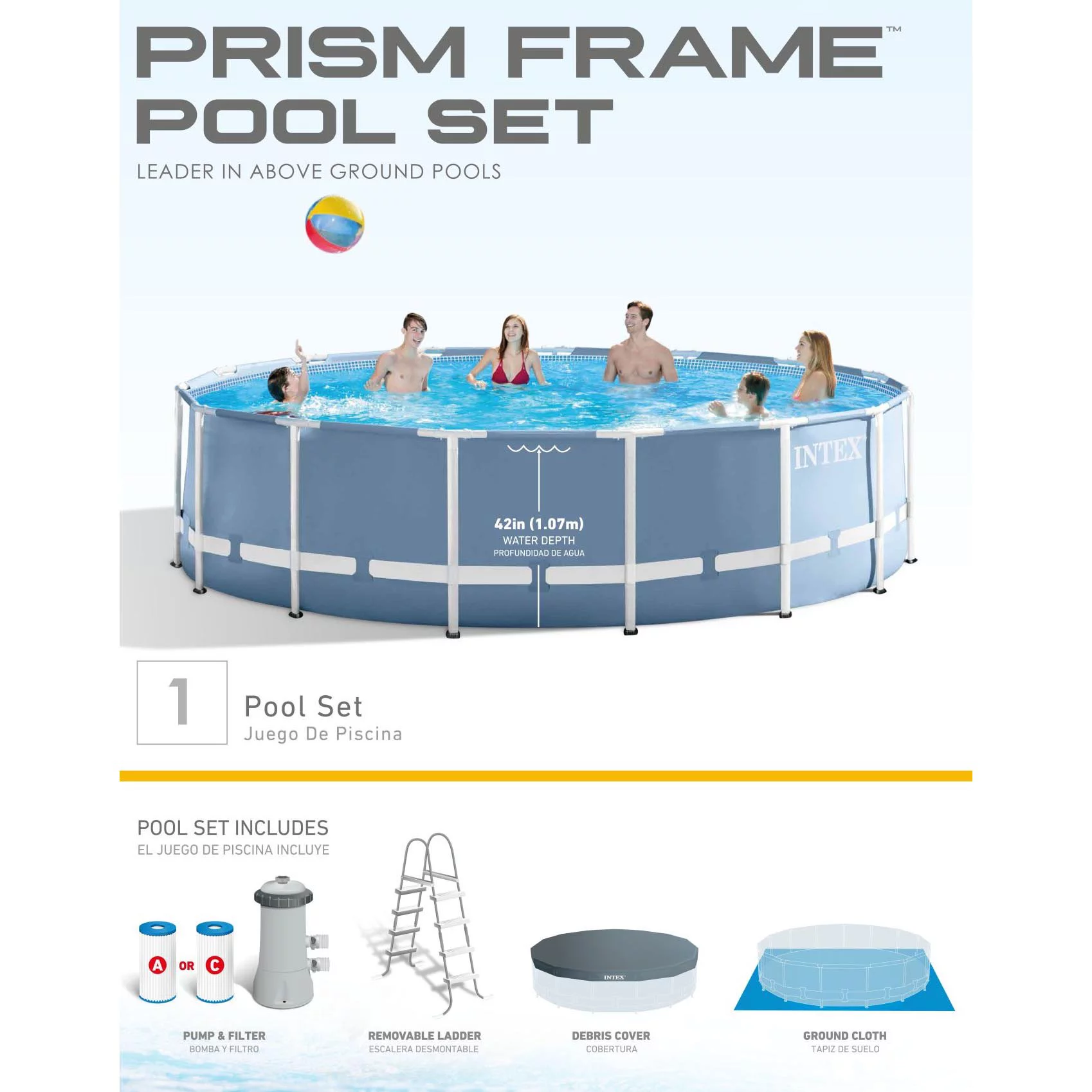 Intex 15 Feet x 48 Inches Prism Frame Swimming Pool Set w/ Ladder, Cover, & Pump - Womvr