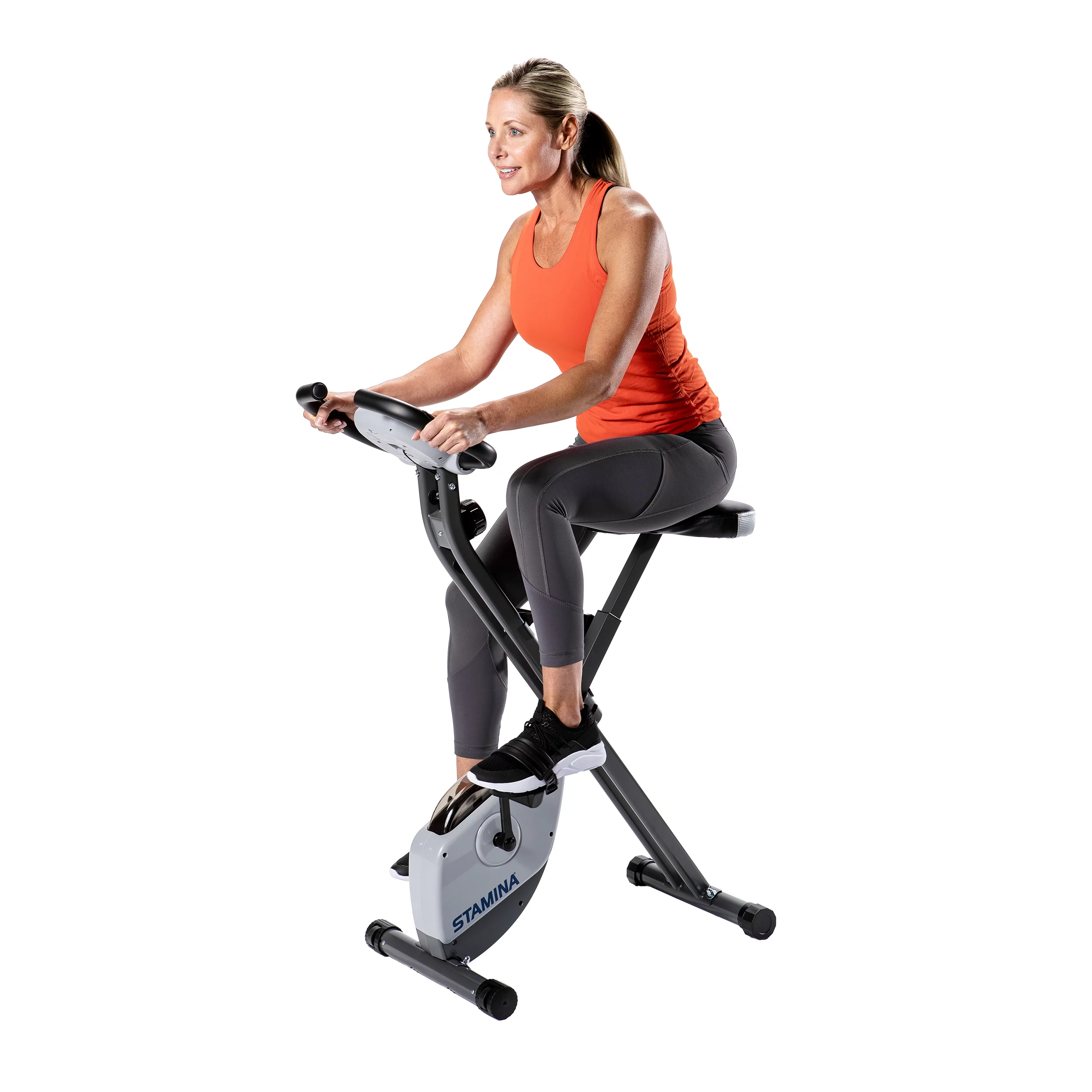Stamina Folding Cardio Upright Exercise Bike with Heart Rate Sensors and Extra Wide Padded Seat - Womvr