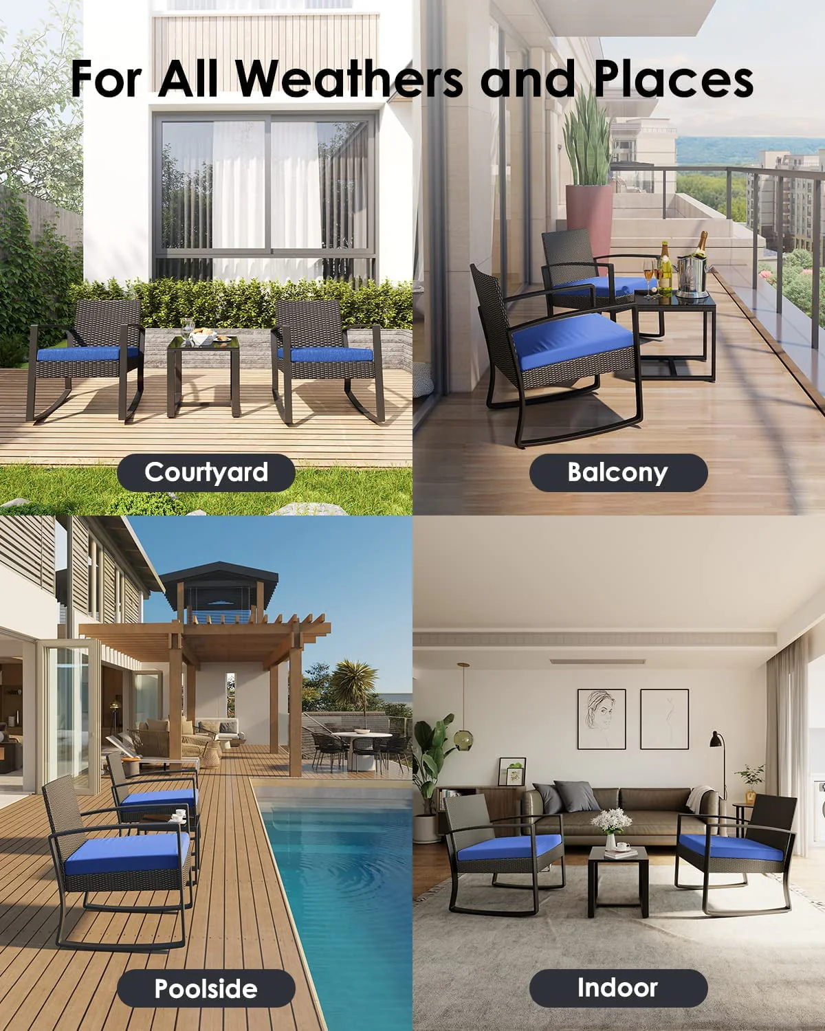 Lofka 3-Piece Patio Wicker Chairs Set with Glass Coffee Table, Outdoor Balcony Furniture Set with Blue Cushion - Womvr