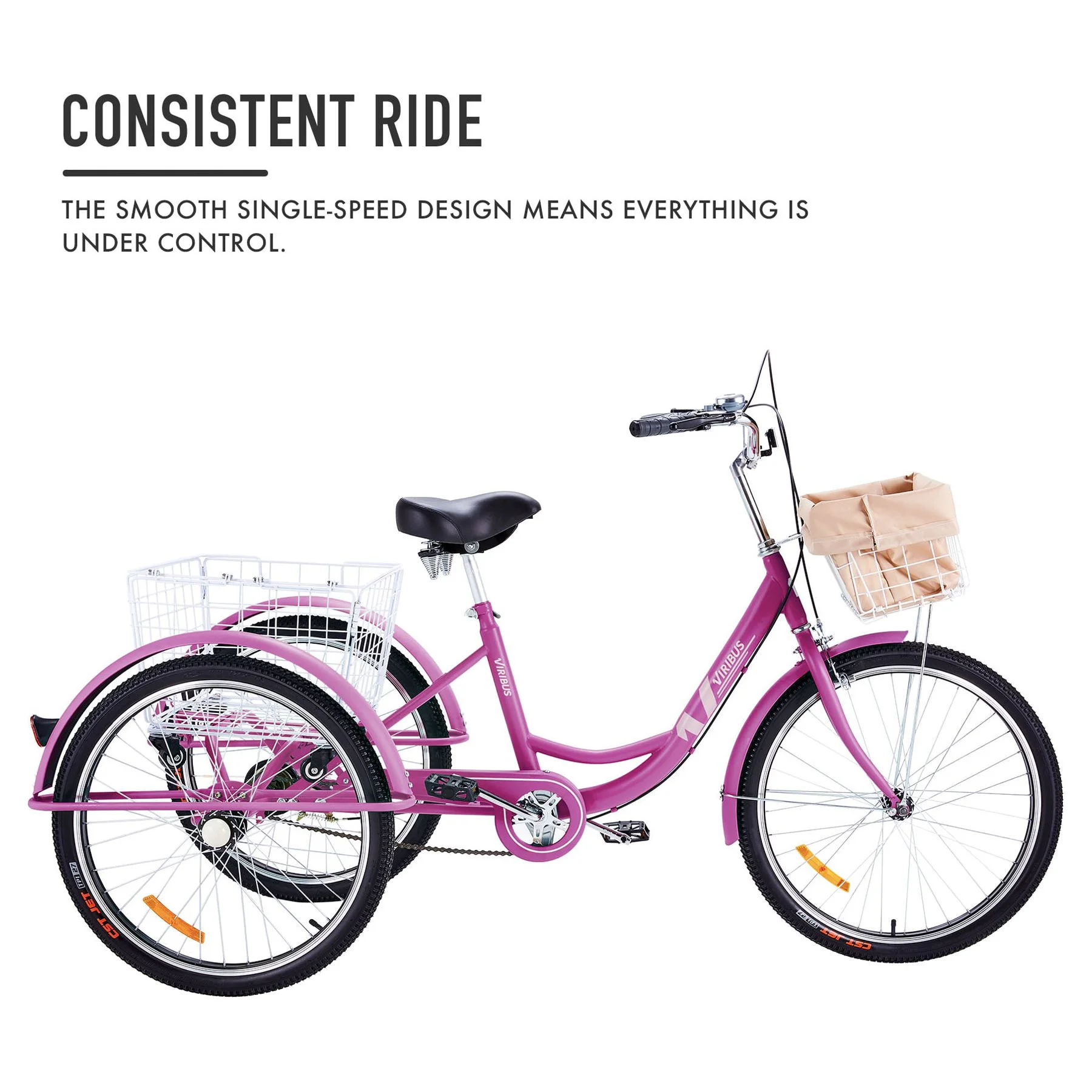 Viribus 26 Inch Single Speed Adult Tricycle 3 Wheel Bike with Removable Basket, Hybrid Beach Trike, Pink - Womvr