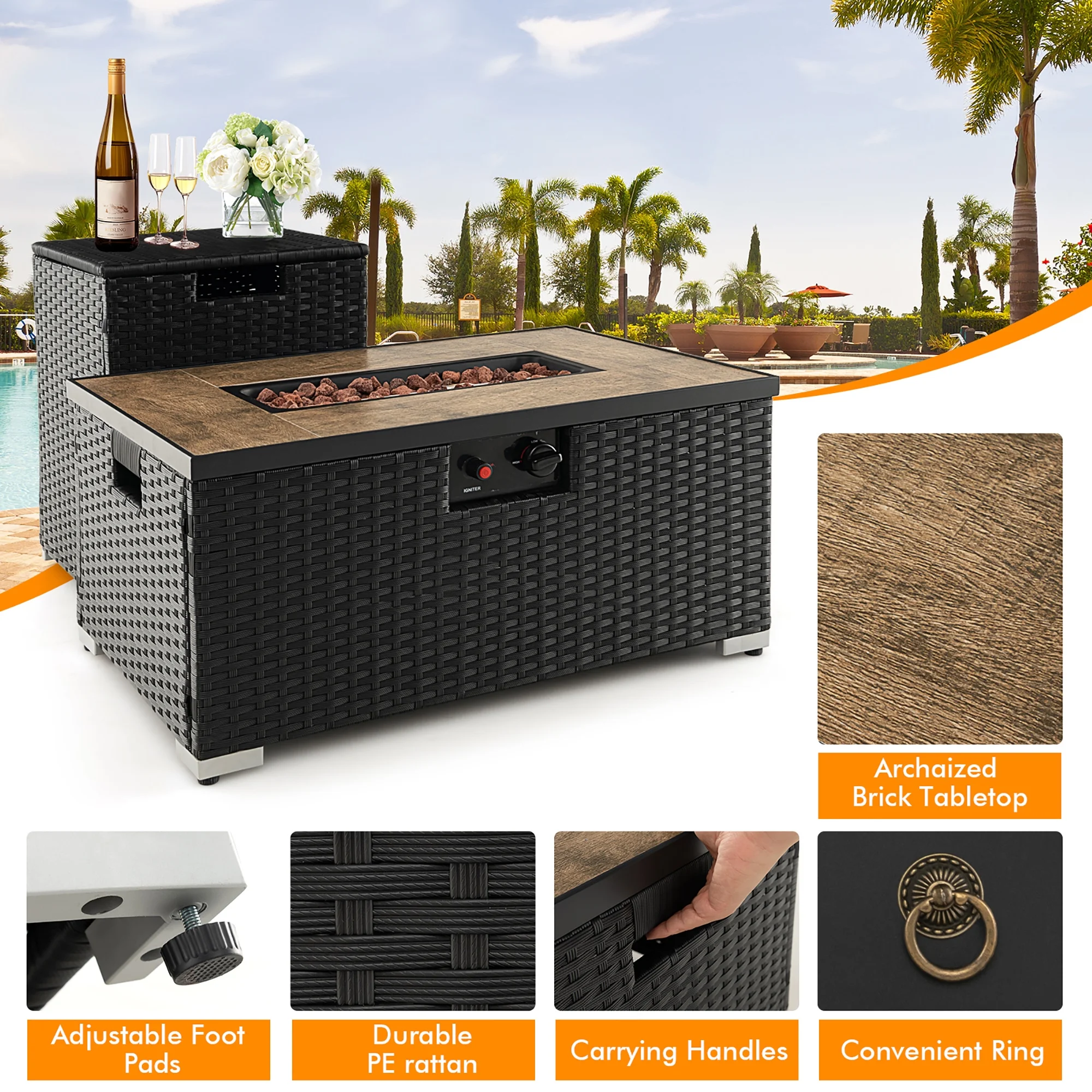 Gymax 32''x 20'' Propane Rattan Fire Pit Table Set w/ Side Table Tank & Cover 40,000 BTU - Womvr