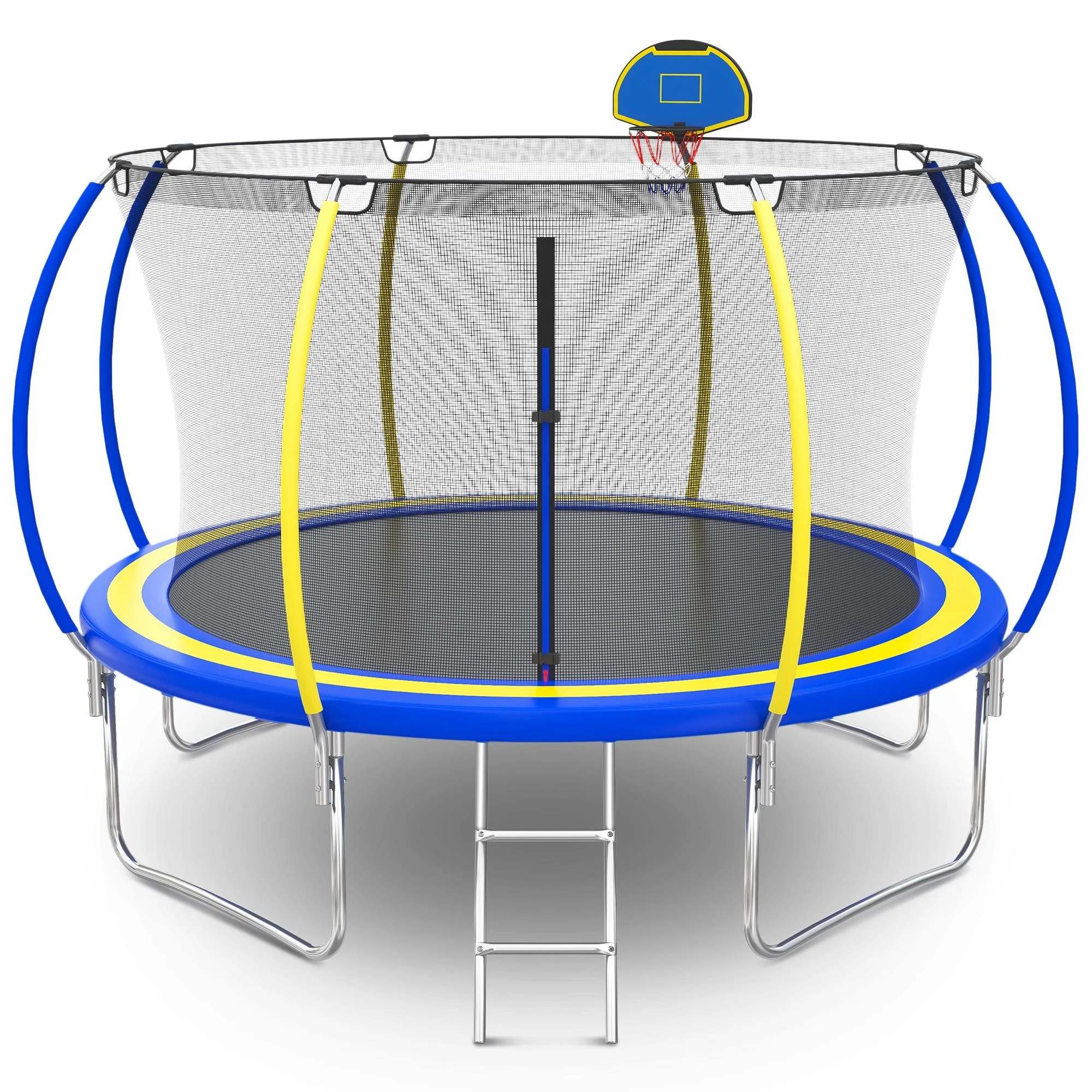 12FT Trampoline for Kids - Seizeen Round Trampoline W/ Enclosure Net & Hoop, Outdoor Colorful Trampoline with Waterproof Cover, Steel Support & Ladder - Womvr