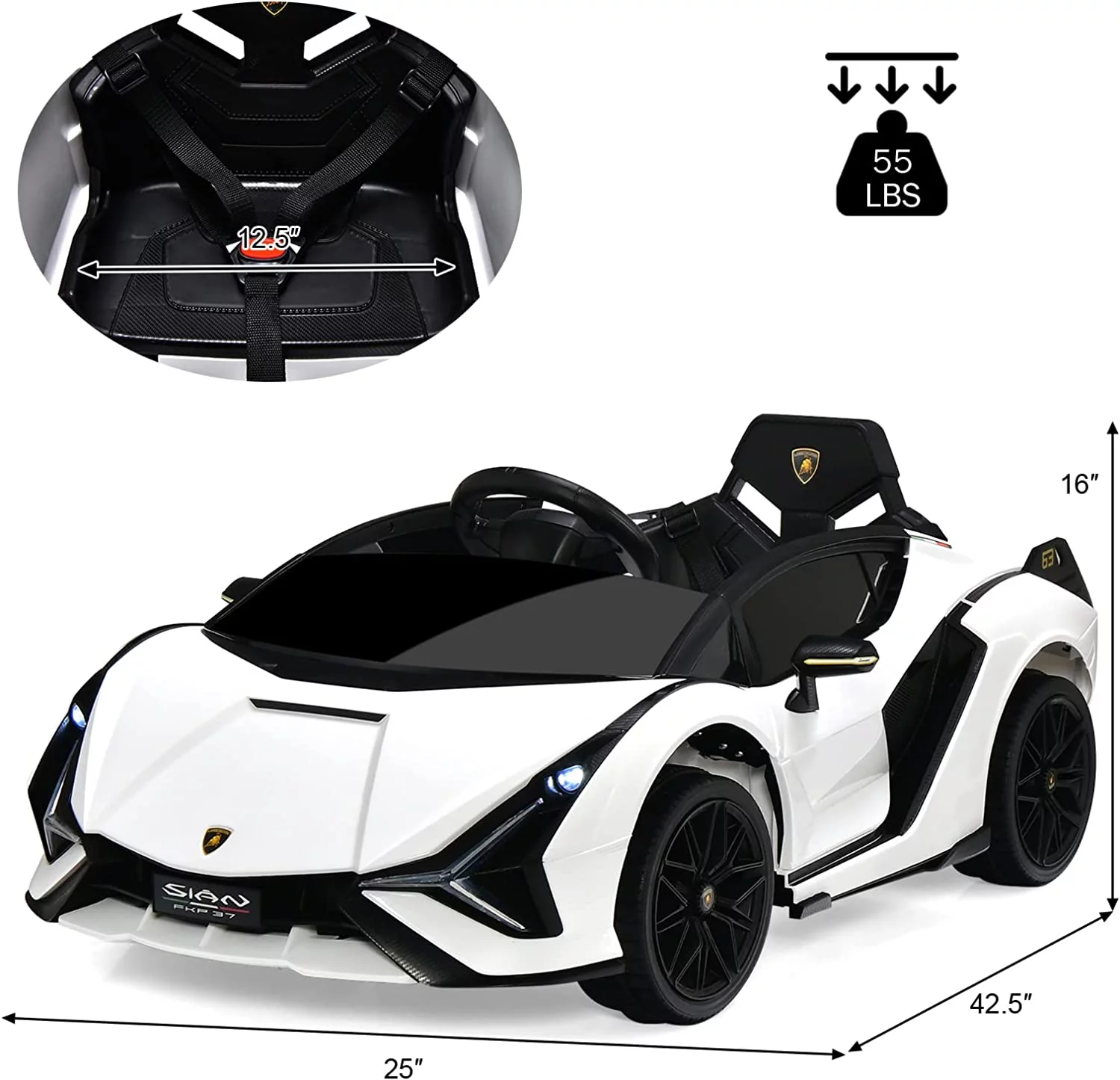 OLAKIDS 12V Licensed Lamborghini Sian Kids Ride On Car with Parent Remote Control, Spring Suspension, MP3 Player, Electric Toy Roadster Carbon Fiber Textured for Toddler (Black) - Womvr