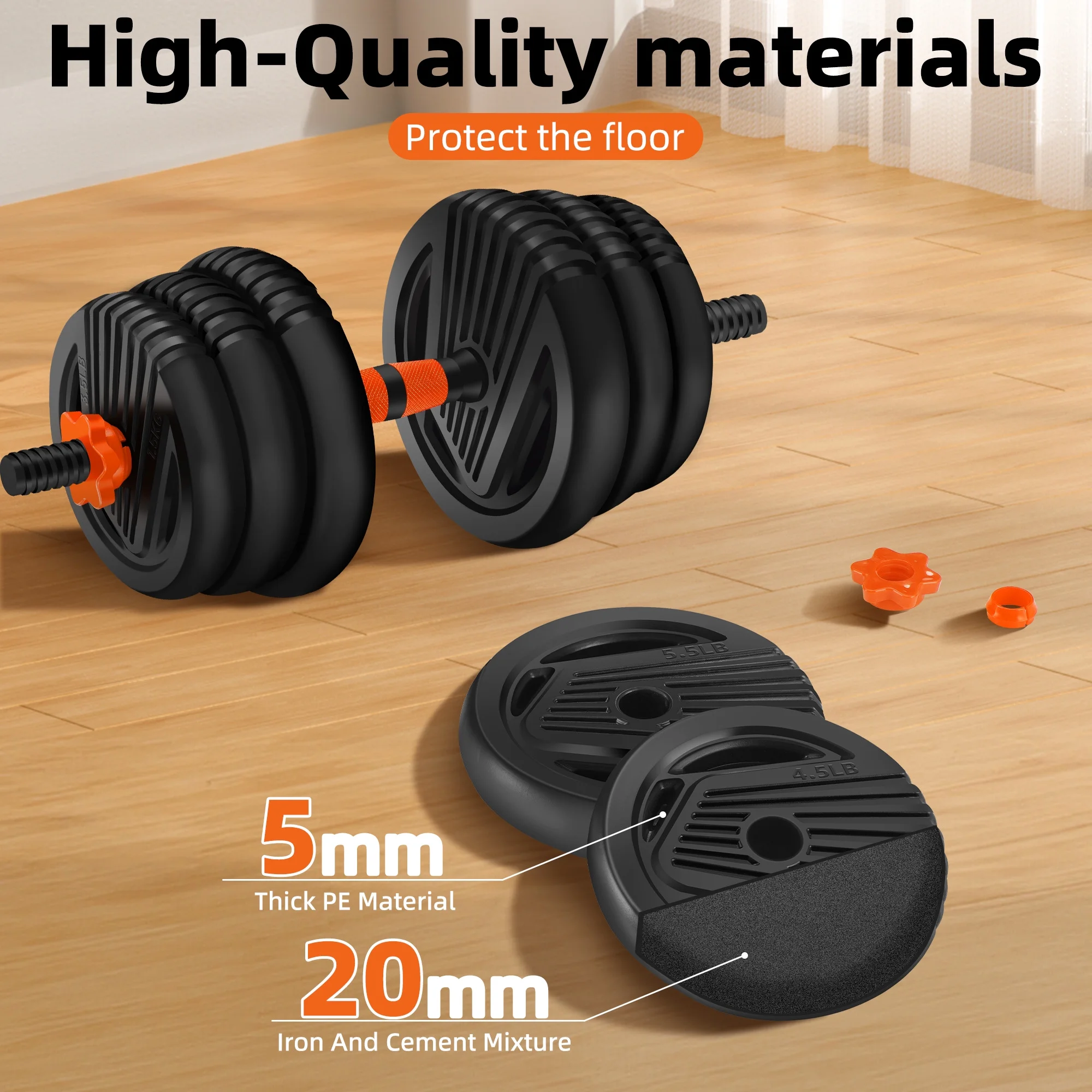 FIXTECH 55 Lbs Adjustable Weight Dumbbell Set - Premium Home Gym Equipment with Dumbbell, Barbell, Kettlebell, Push-Up Modes, Orange - Womvr