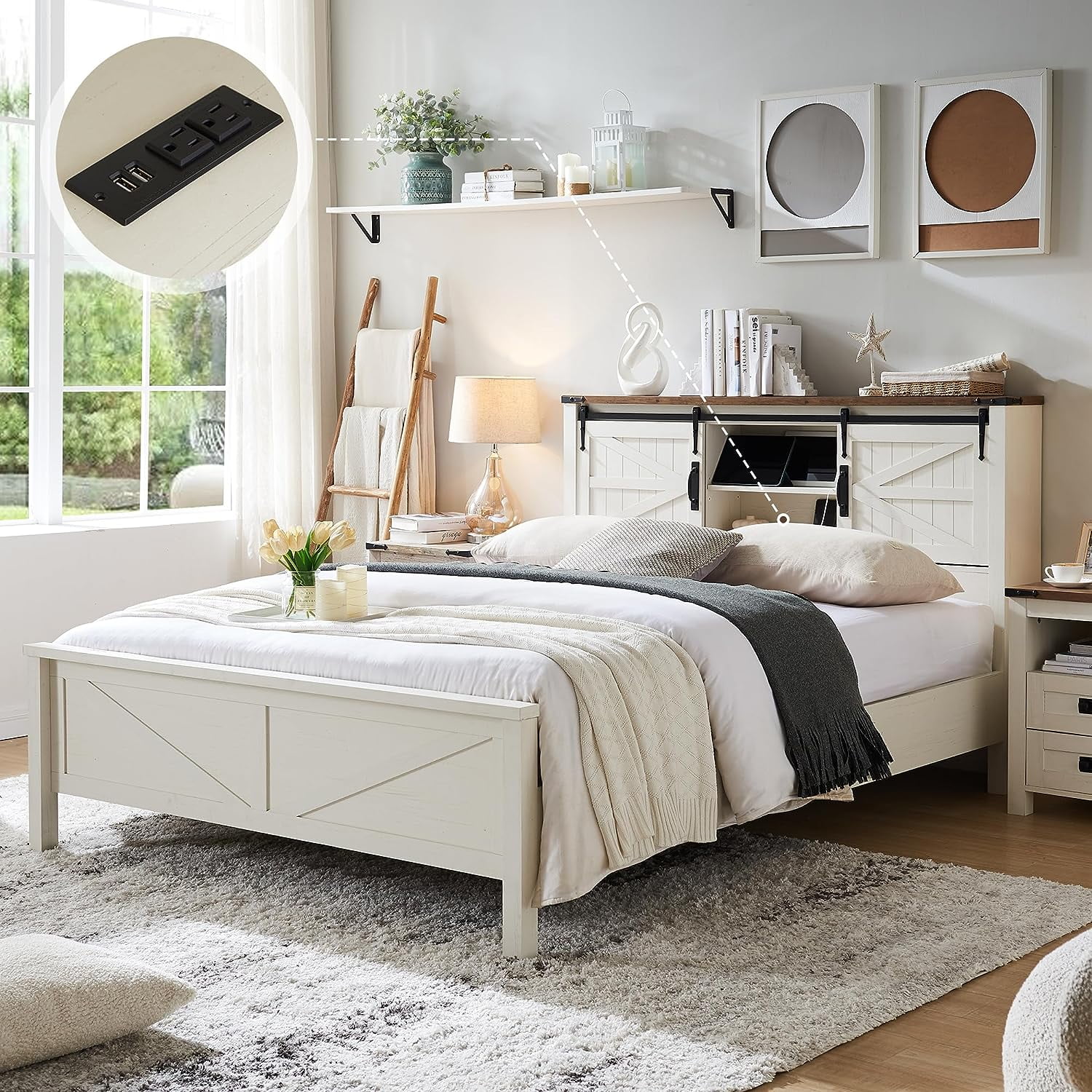 OKD Modern Farmhouse Full Platform Bed with Bookcase Headboard Storage and Charging Station, No Box Spring Needed, Anitique White Finish - Womvr