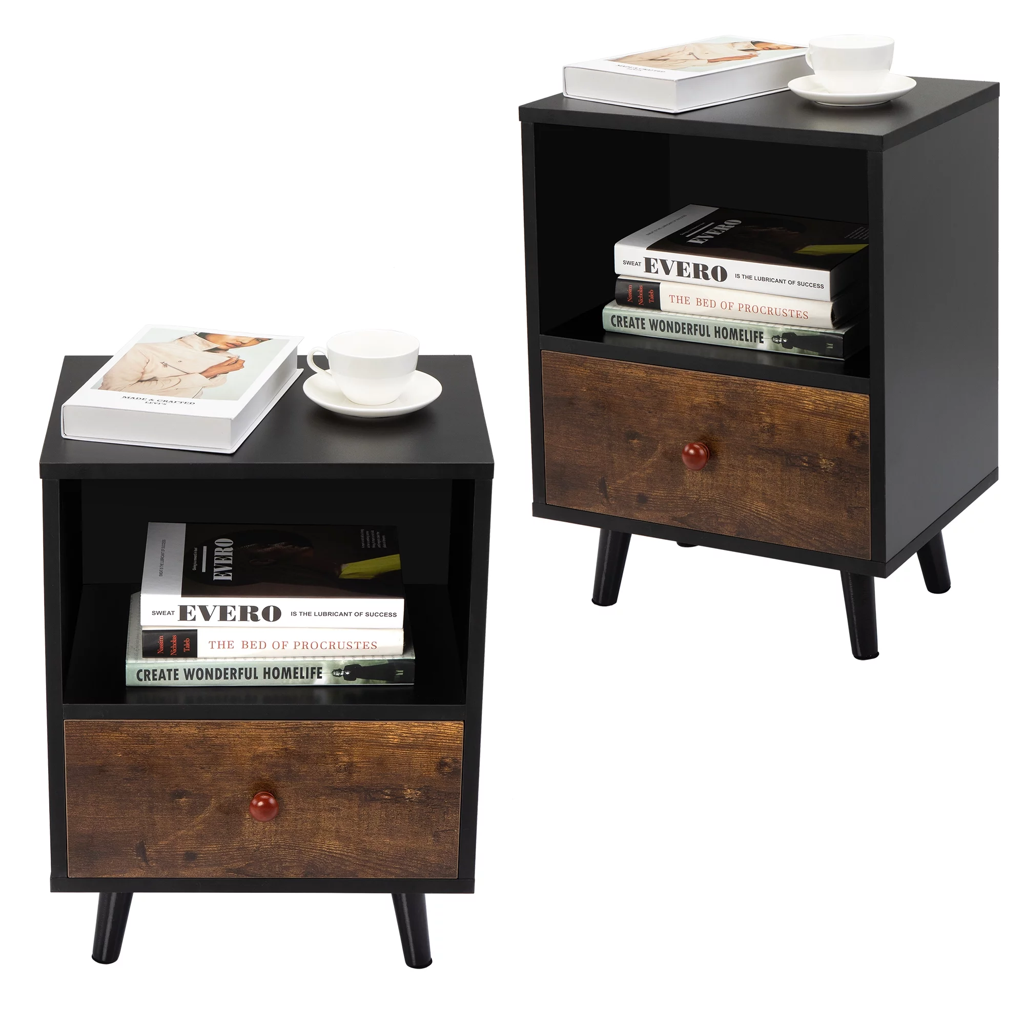 JAXPETY Nightstands Set of 2, Night Stand with 1 Drawer and Open Shelf Storage, End Table, Side Table, for Bedroom, Living Room, Natural Wood & White - Womvr