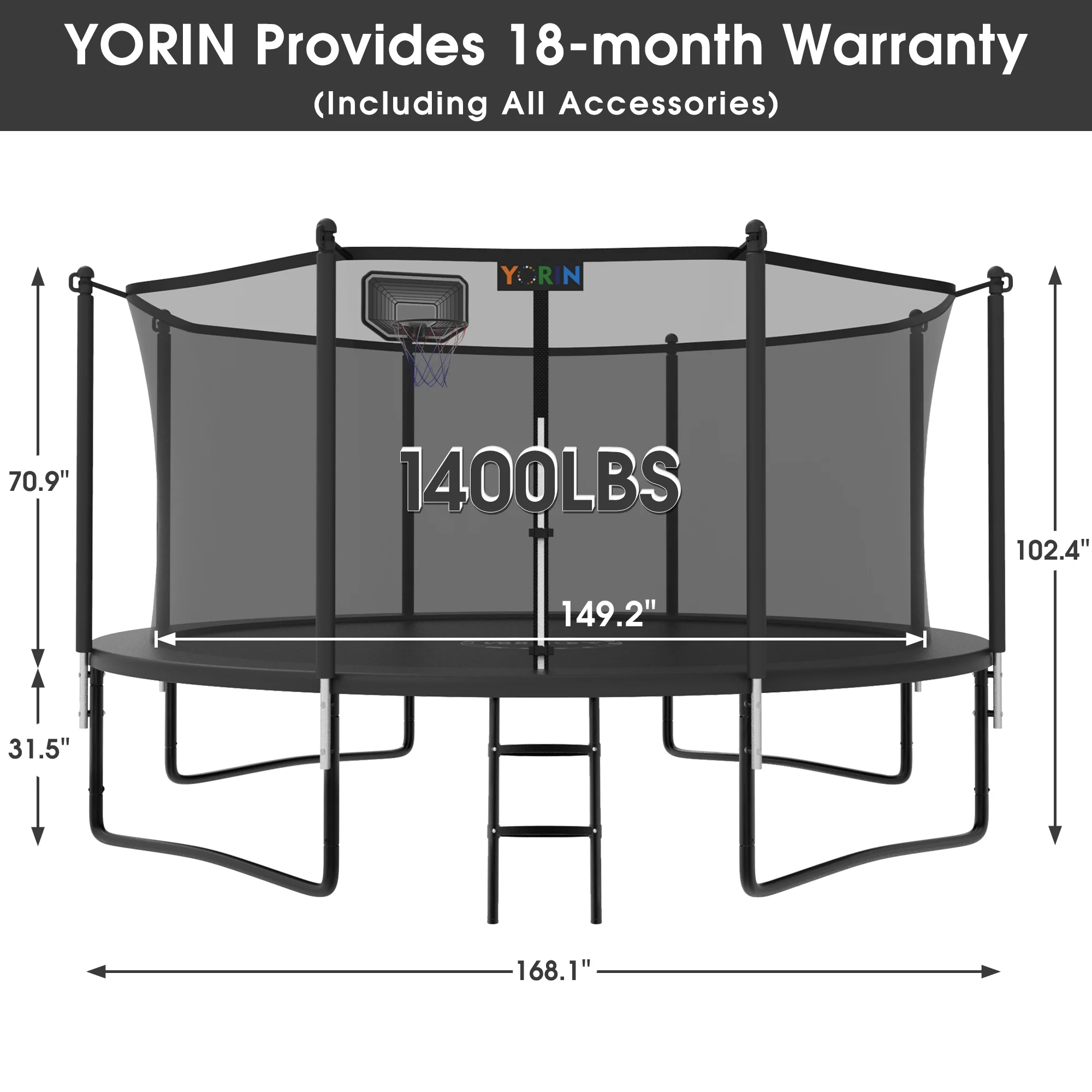 YORIN Trampoline 12FT for Kids Adults with Enclosure Net, 1200LBS Round Outdoor Trampoline with Basketball Hoop, Ladder, Galvanized Anti-Rust Coating Backyard Recreational Trampoline - Womvr