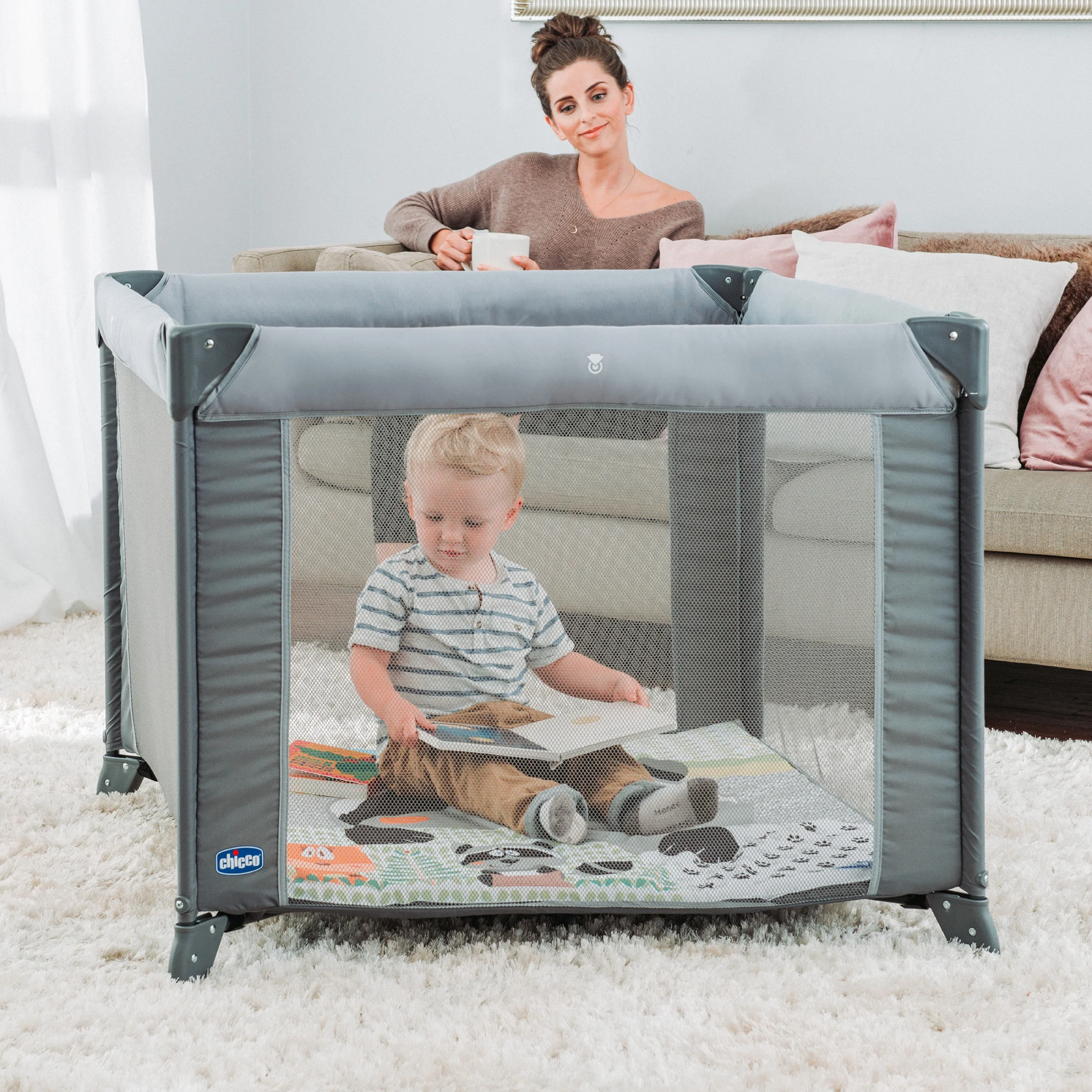 Chicco Tot Quad Portable Square Baby Playpen - Honey Bear (Grey) - Womvr