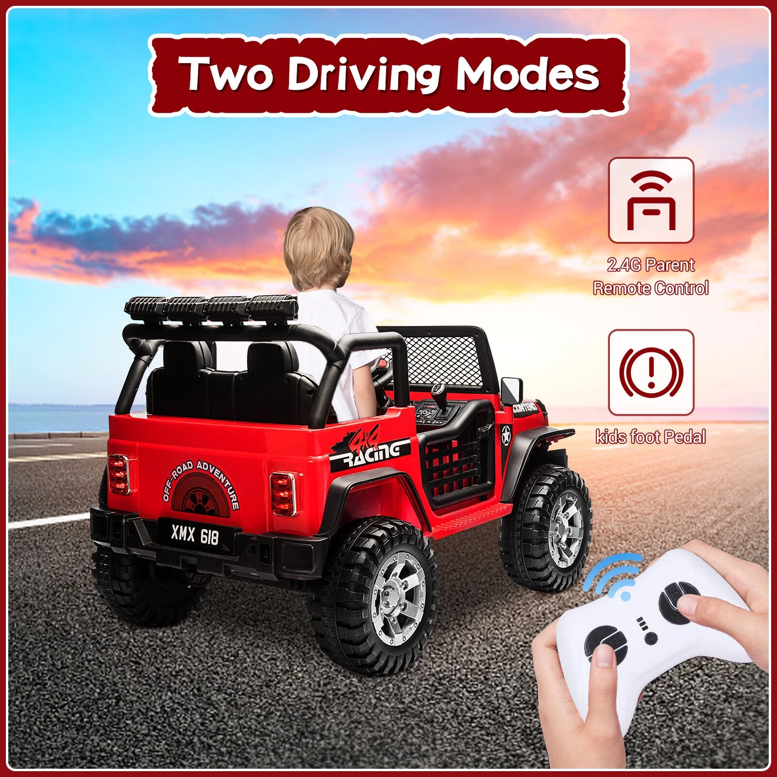 Dazone 12V Kids Ride on Jeep Car, Electric 2 Seats Off-road Jeep Ride on Truck Vehicle with Remote Control, LED Lights, MP3 Music, Black - Womvr