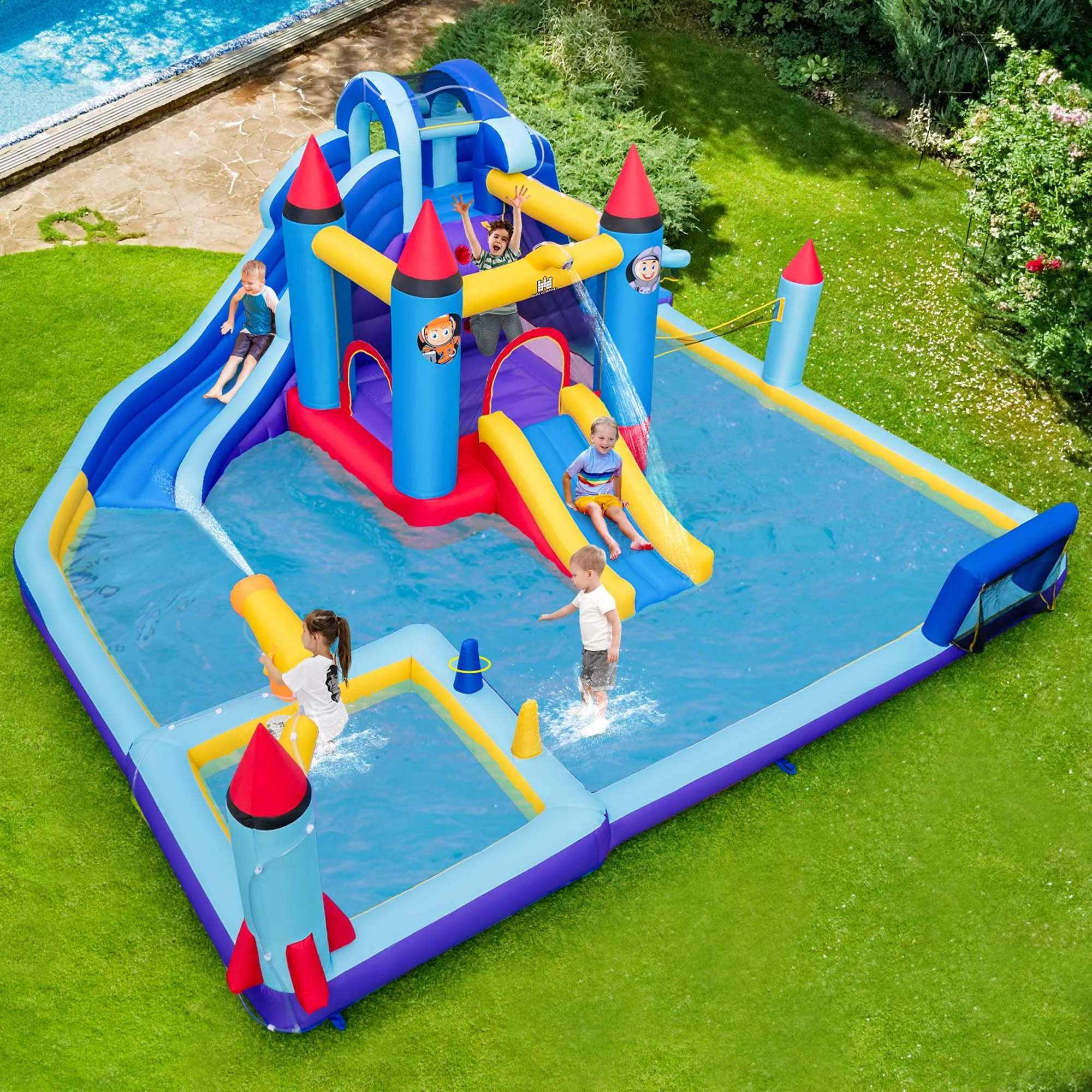 Costway Rocket Theme Inflatable Water Slide Park with 2 Slides Splash Pool without Blower - Womvr
