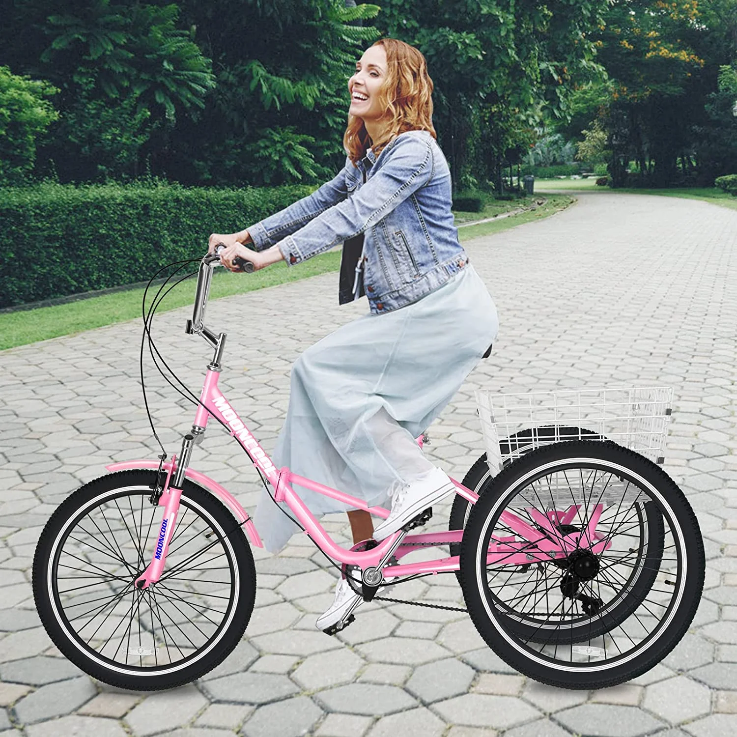 MOONCOOL Adult Folding Tricycle, 7 Speed 20/24/26 inch Adult Tricycles, Three Wheel Bike Cruiser Trike with Large Basket - Womvr