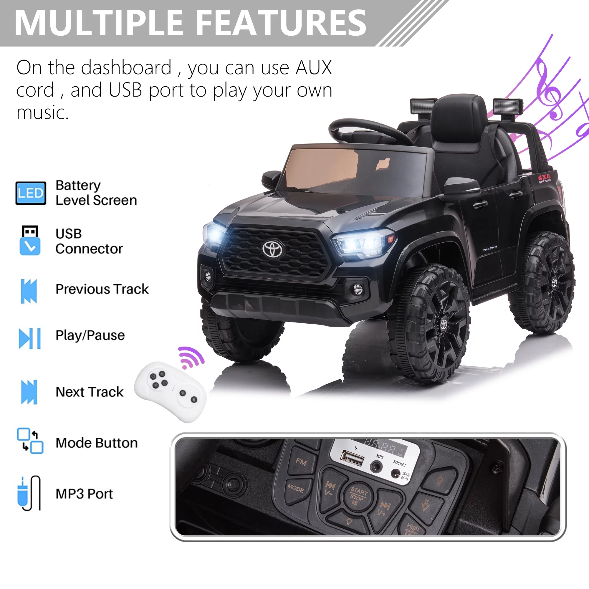 Licensed Toyota Tacoma Electric Ride on Vehicle for Kids, 12V Powered Ride on Car Toys with Remote Control, LED Lights, MP3 Player, Gray - Womvr