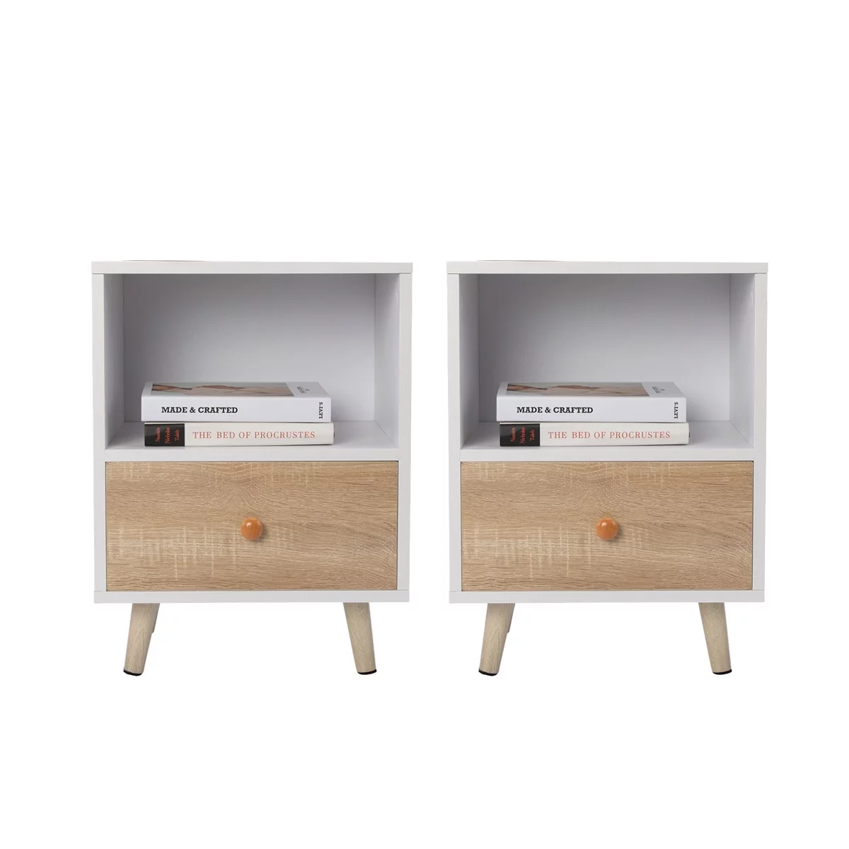JAXPETY Nightstands Set of 2, Night Stand with 1 Drawer and Open Shelf Storage, End Table, Side Table, for Bedroom, Living Room, Natural Wood & White - Womvr
