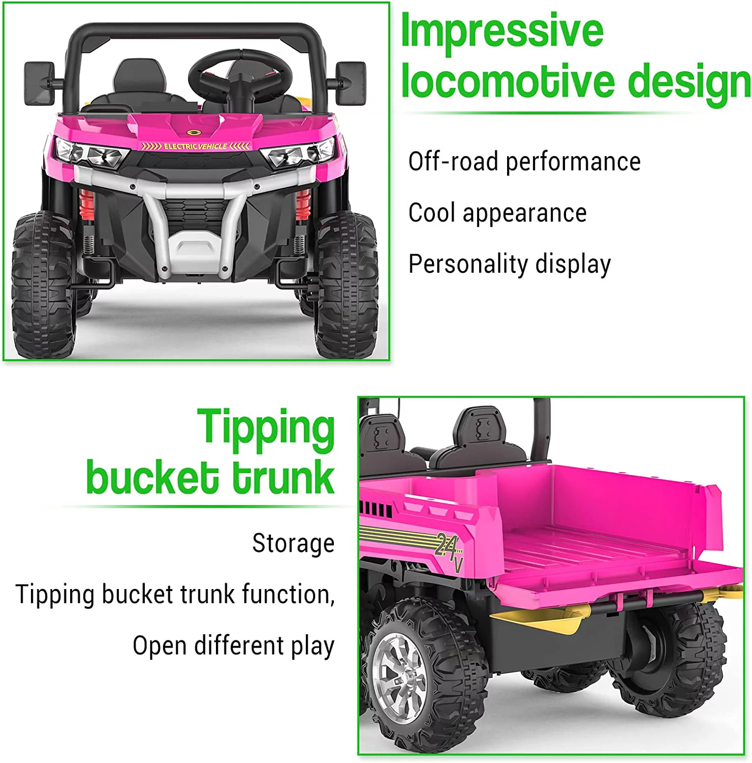 EastVita Kids 24V Ride on Car Large Farm Tractor Dump Truck 6 Wheels with Electric UTV Vehicles with Electric Car Hopper Ride on Toys ,with Lighting, Mp3 ((Green) - Womvr