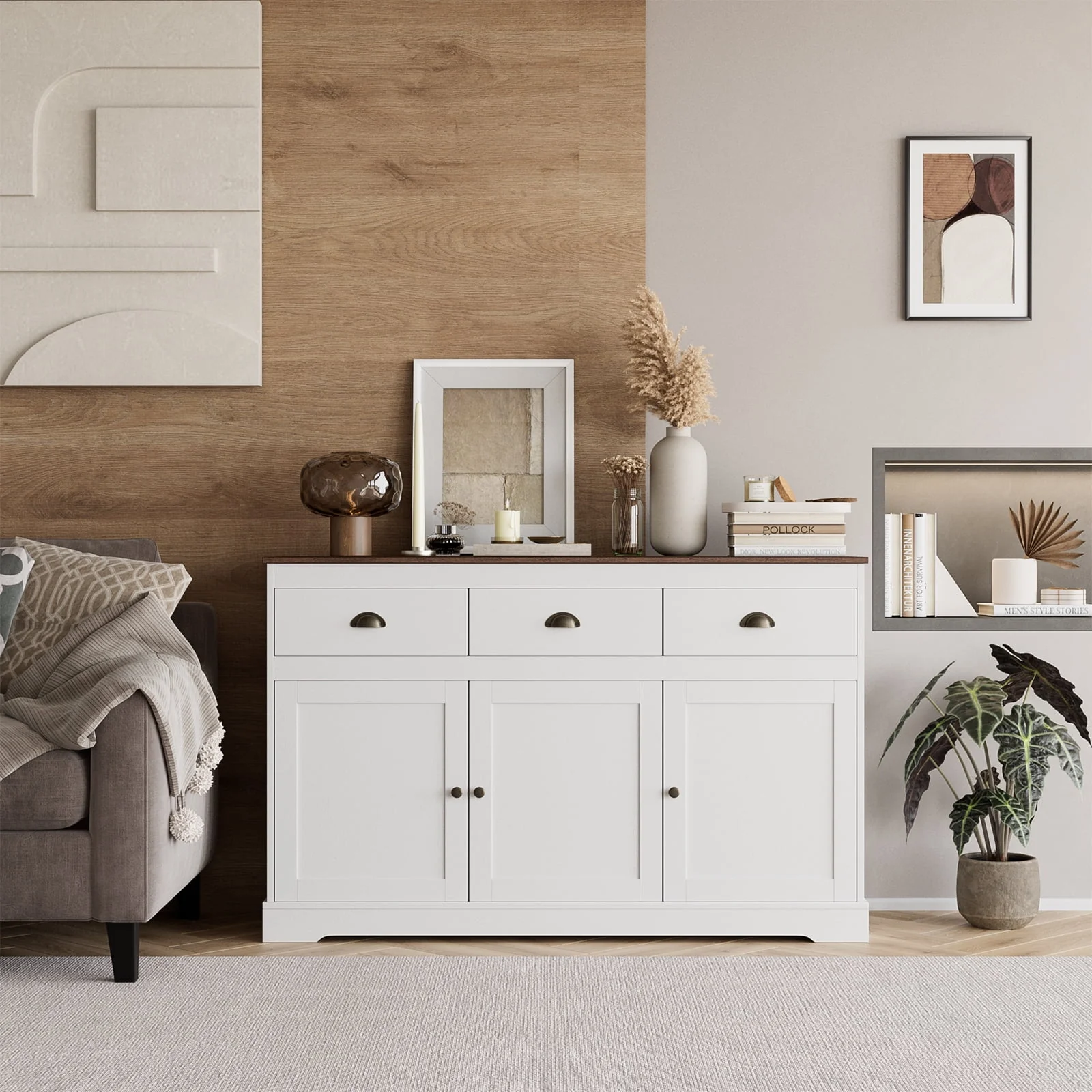 Homfa Sideboard Storage Cabinet with 3 Drawers & 3 Doors, 53.54'' Wide Buffet Cabinet for Dining Room, White - Womvr