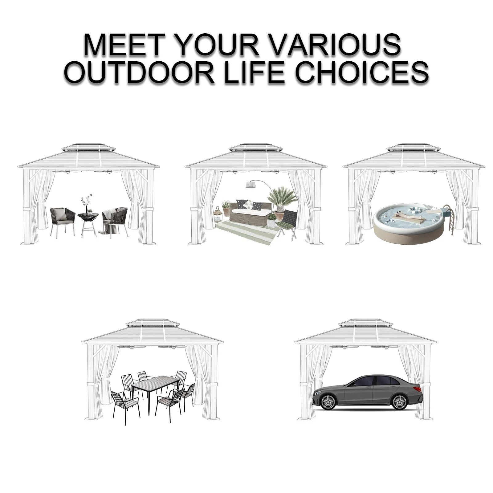 Aoxun 10 ft. x 12 ft. Outdoor Hardtop Gazebo, Galvanized Steel Double Roof Gazebo with Curtain and Netting, Gray - Womvr