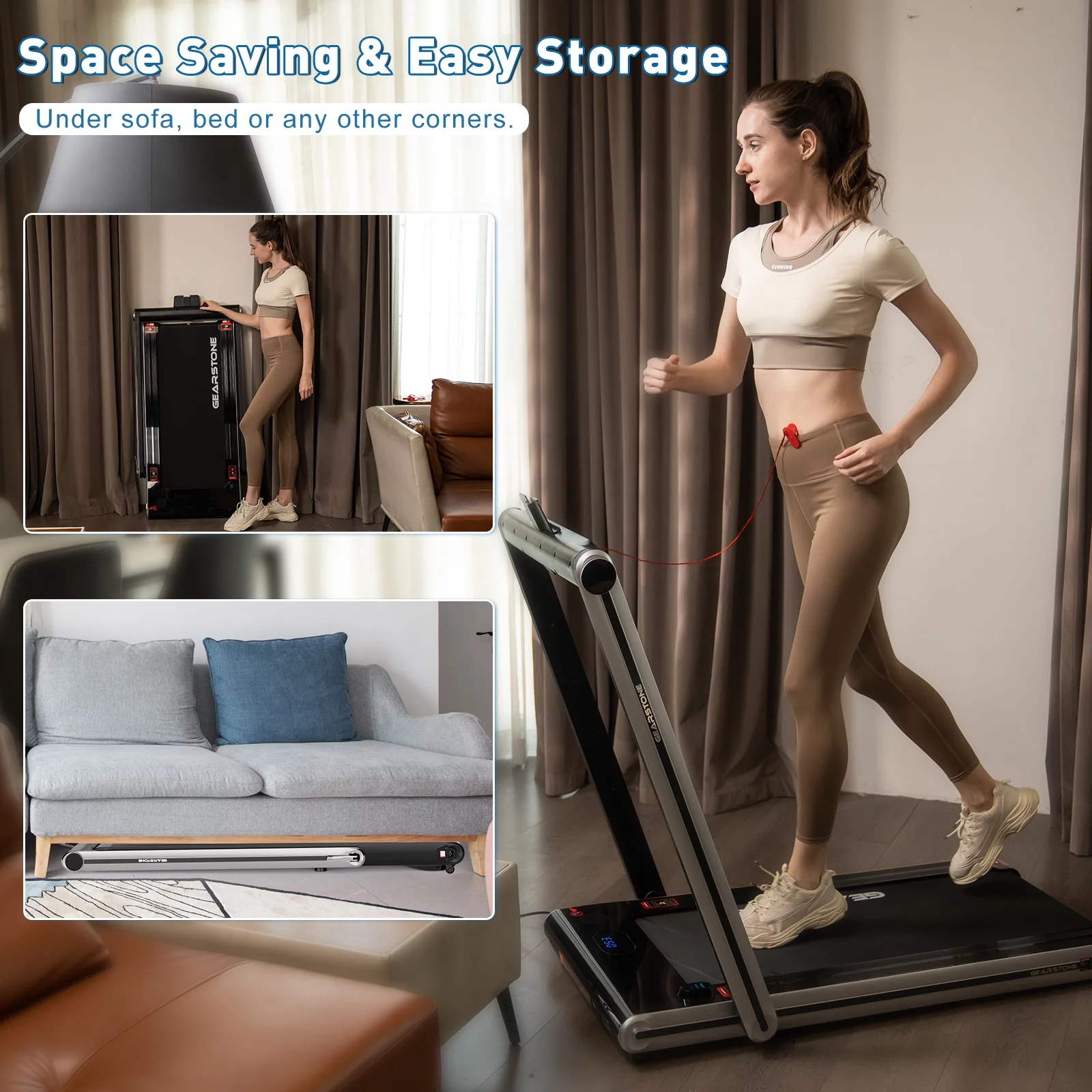 GEARSTONE 2 in 1 Folding Treadmill, Under Desk Treadmill Walking Electric Jogging Running Machine . Treadmill Home Gym Office Workout - Womvr