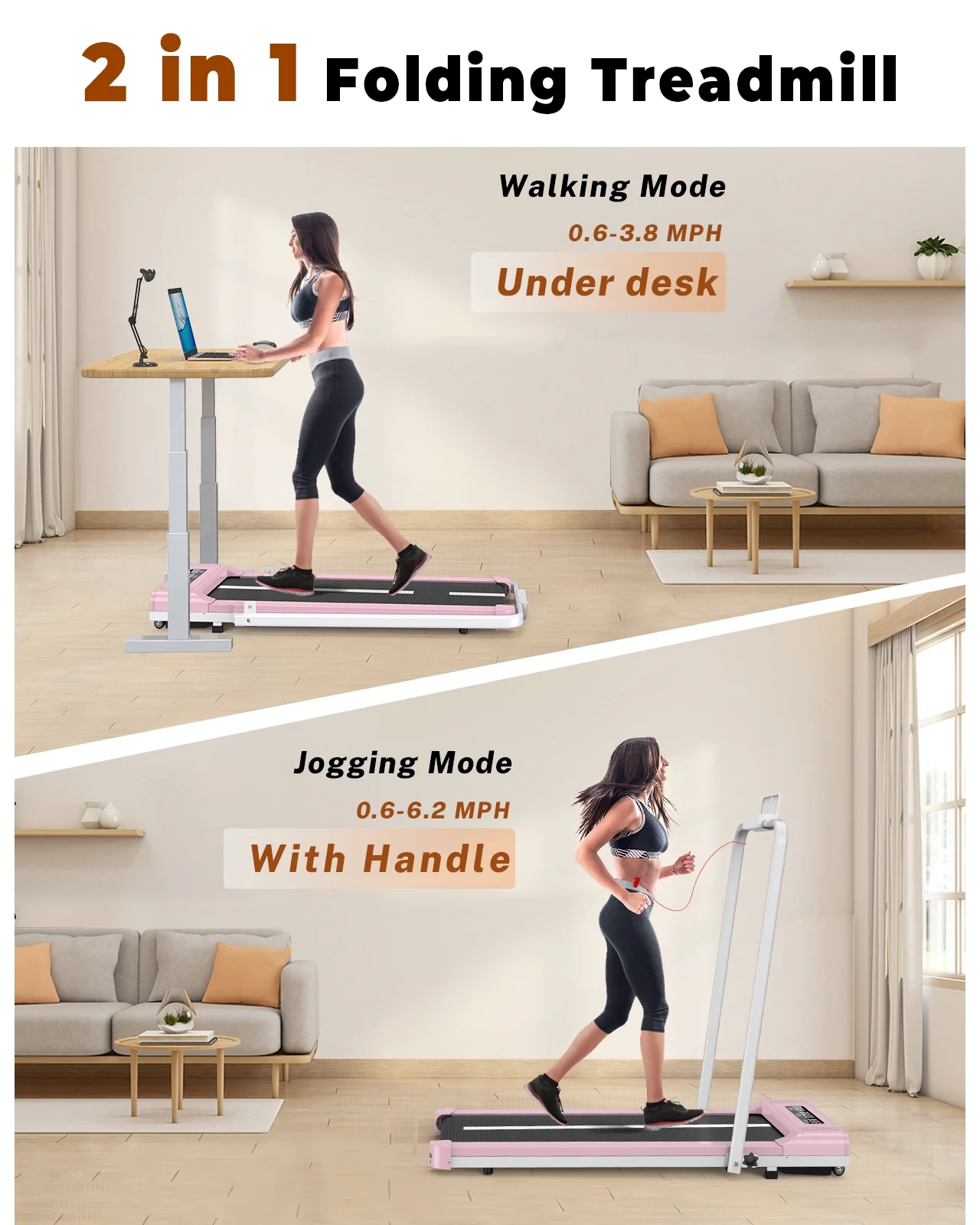 Home Fitness Code Foldable Treadmill with Bluetooth Speaker, 3HP Under Desk Treadmills for Home - Womvr