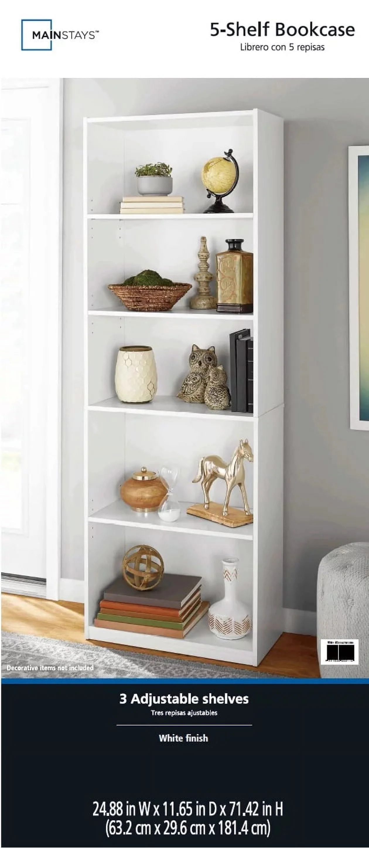 Mainstays 5-Shelf Bookcase with Adjustable Shelves, White - Womvr