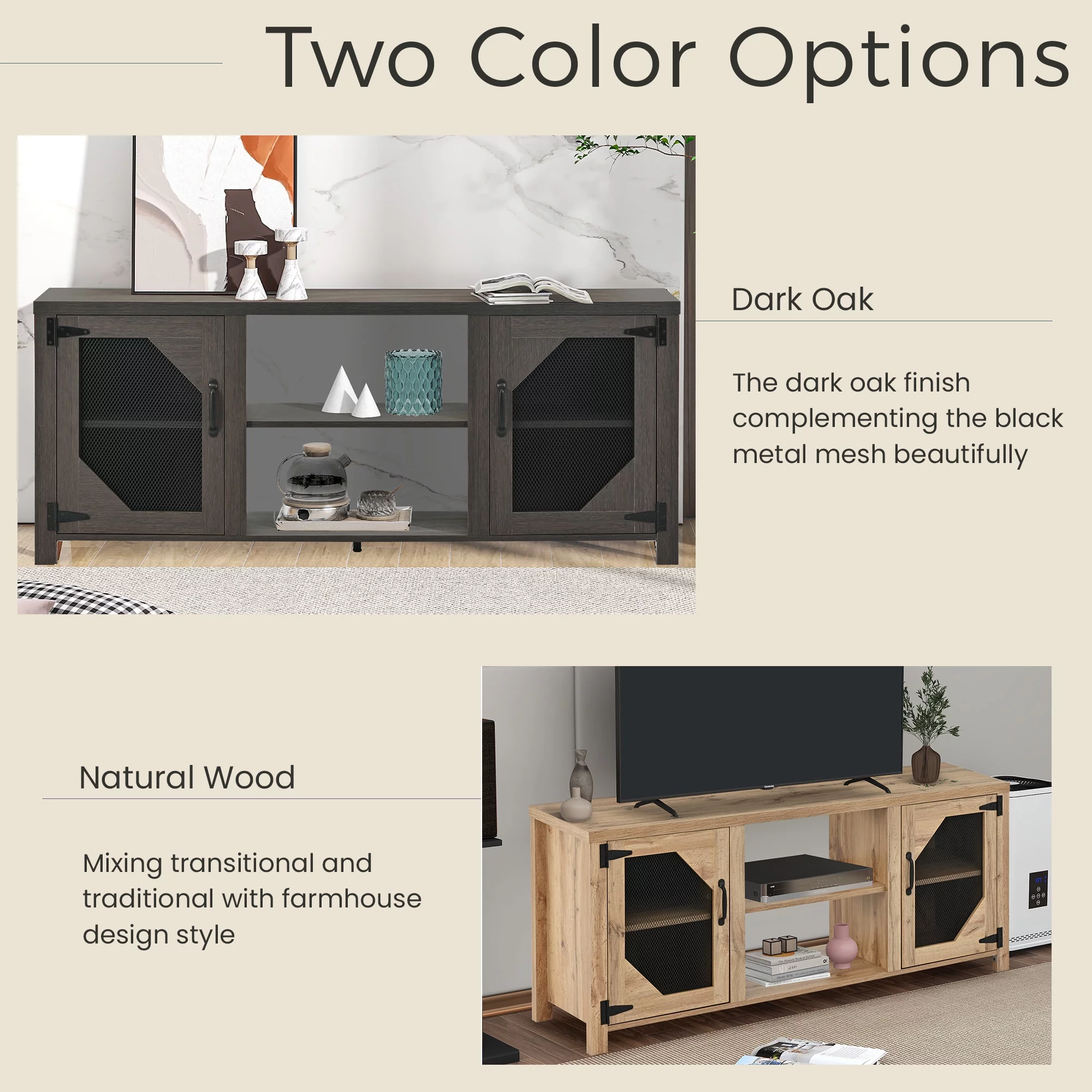 SYNGAR TV Stand for 65 inch TV, Modern TV Console Table Stand with 2 Door Cabinet, Living Room TV Table Stand Buffet Cabinet with Adjustable Storage Shelves, 60
