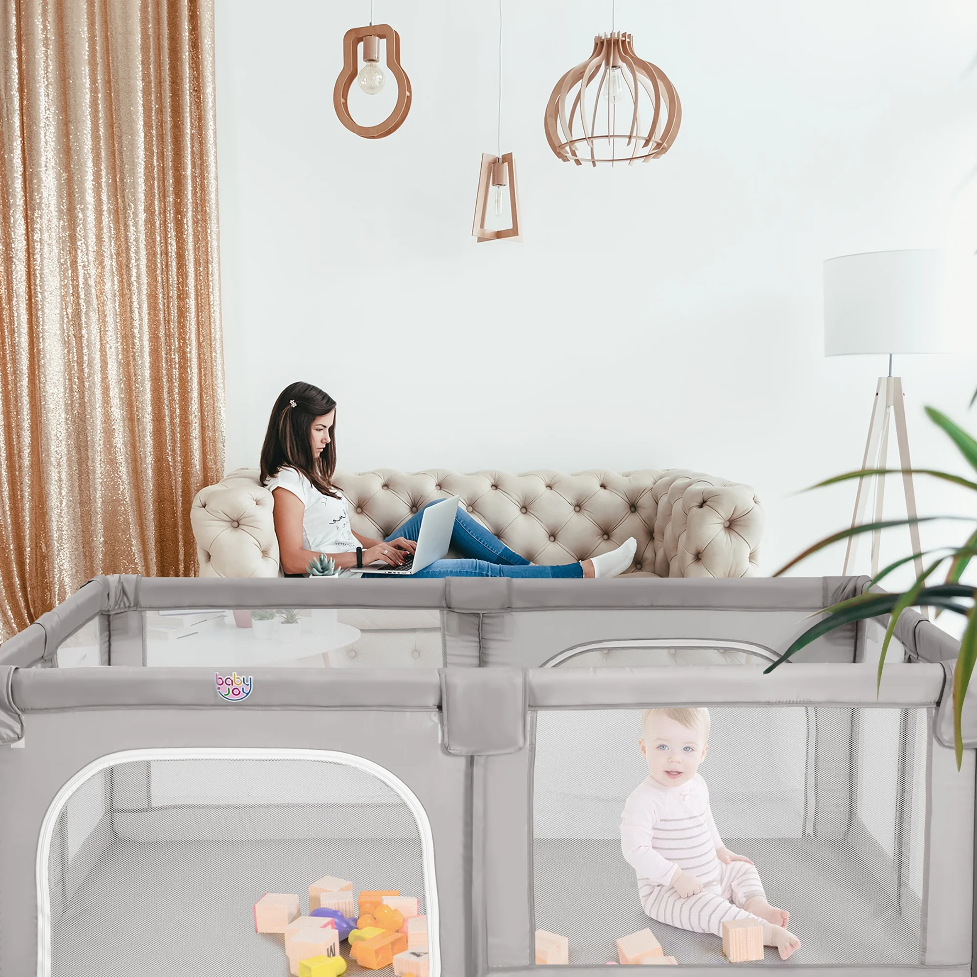 Babyjoy Playpen Extra Large Unisex Kids Baby Activity Center Safety Play Yard with Gate Gray - Womvr