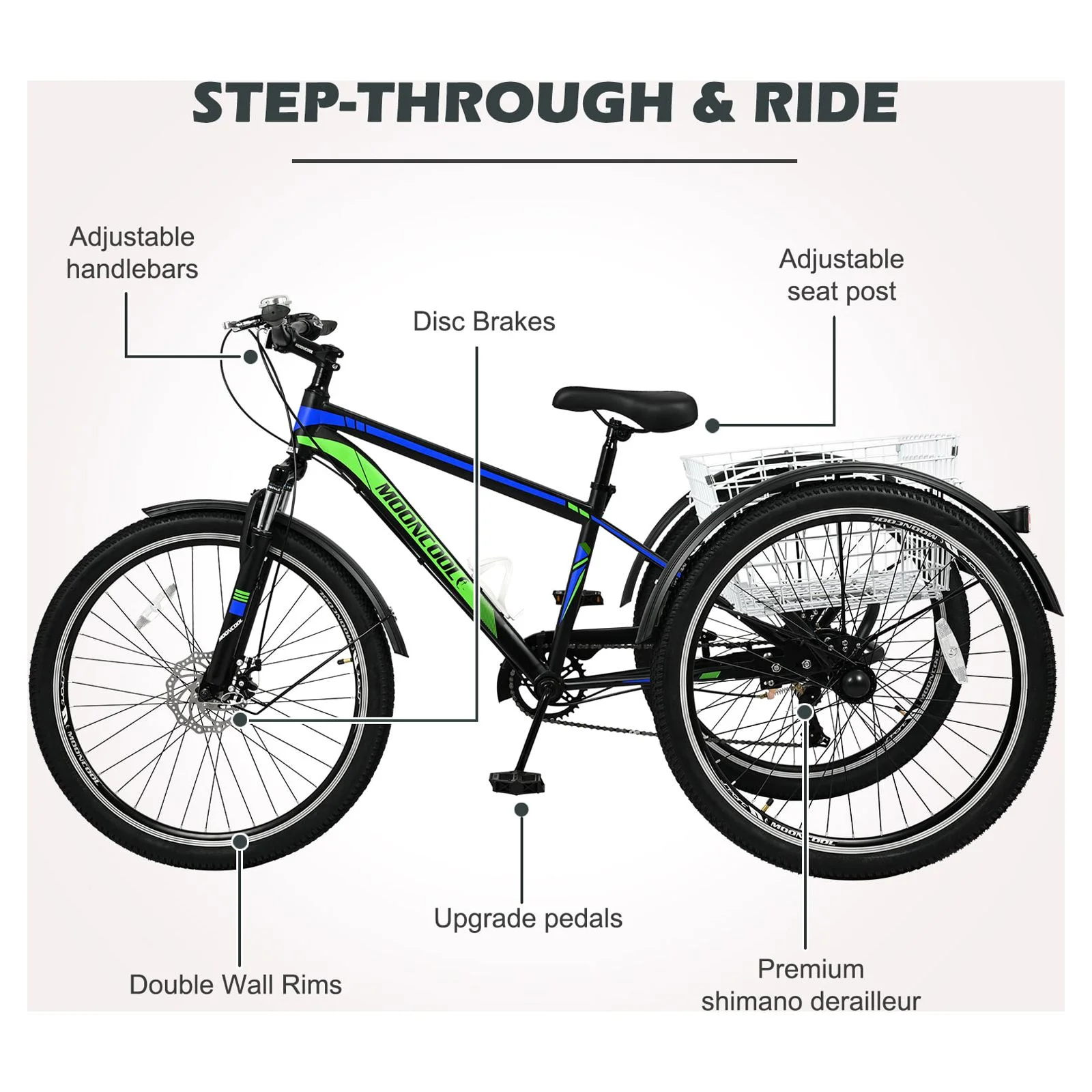 Docred Adult Tricycle, 7 Speed Three Wheel Mountain Bike, 24/26/27.5 inch Adults Trikes ,Load capacity 420 lbs - Womvr