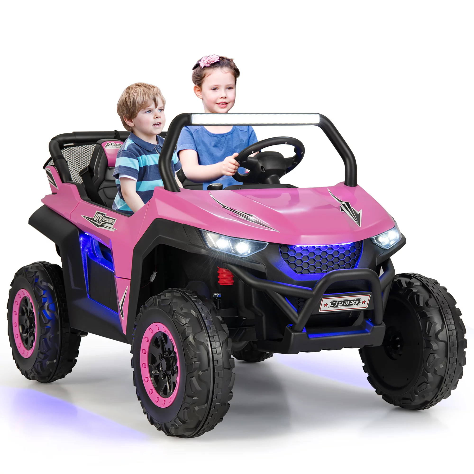 Costway 12V 2-Seater Kids Ride On UTV RC Electric Vehicle Suspension w/ Lights & Music Pink - Womvr